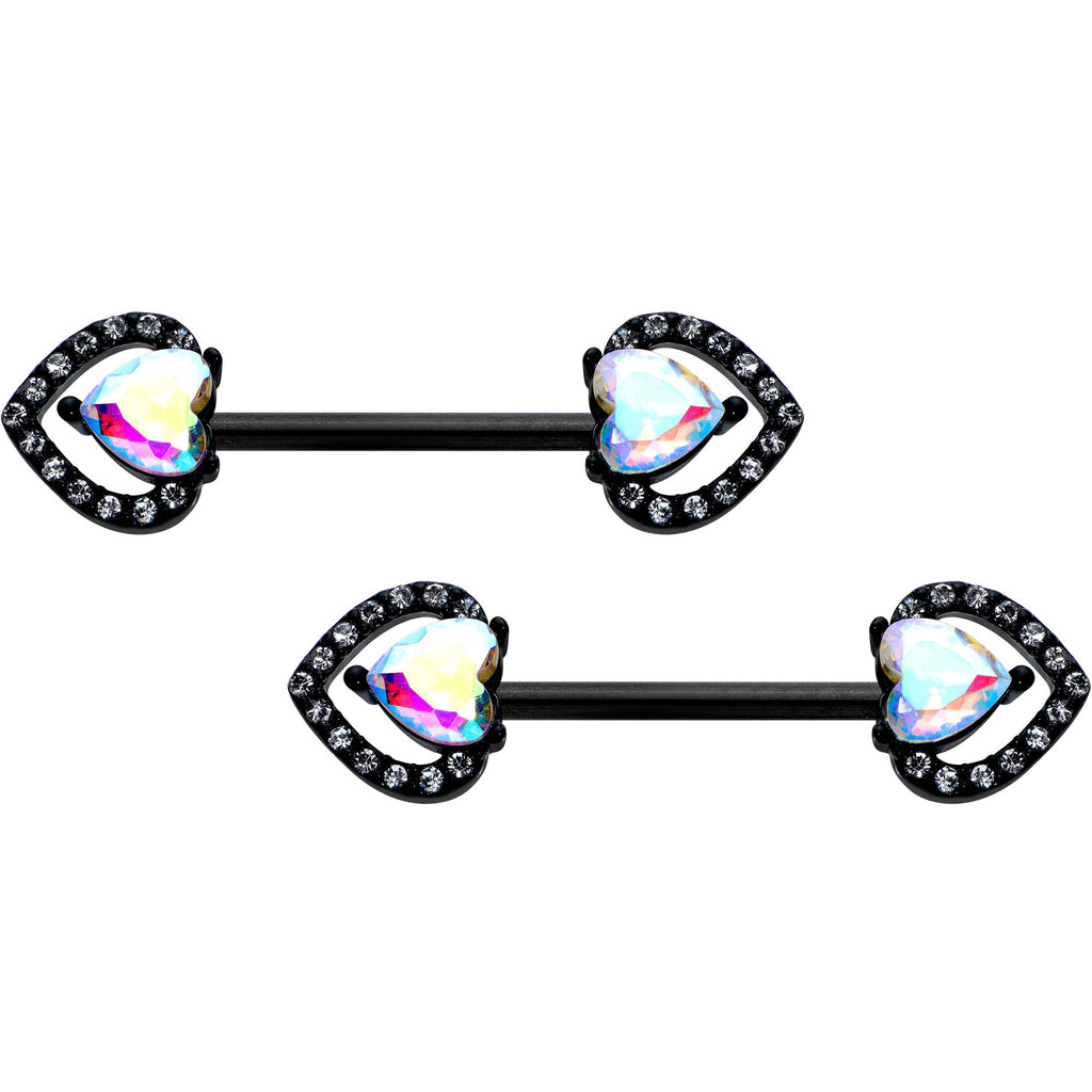 BodyCandy 14 G 9/16 Aurora Gem Black Rococo Heart Barbell Nipple Ring Set — main product shot