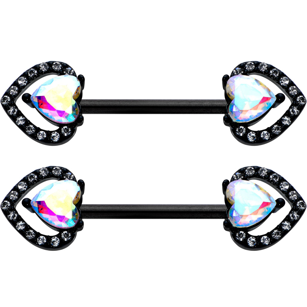 BodyCandy 14 G 9/16 Aurora Gem Black Rococo Heart Barbell Nipple Ring Set — detail close-up