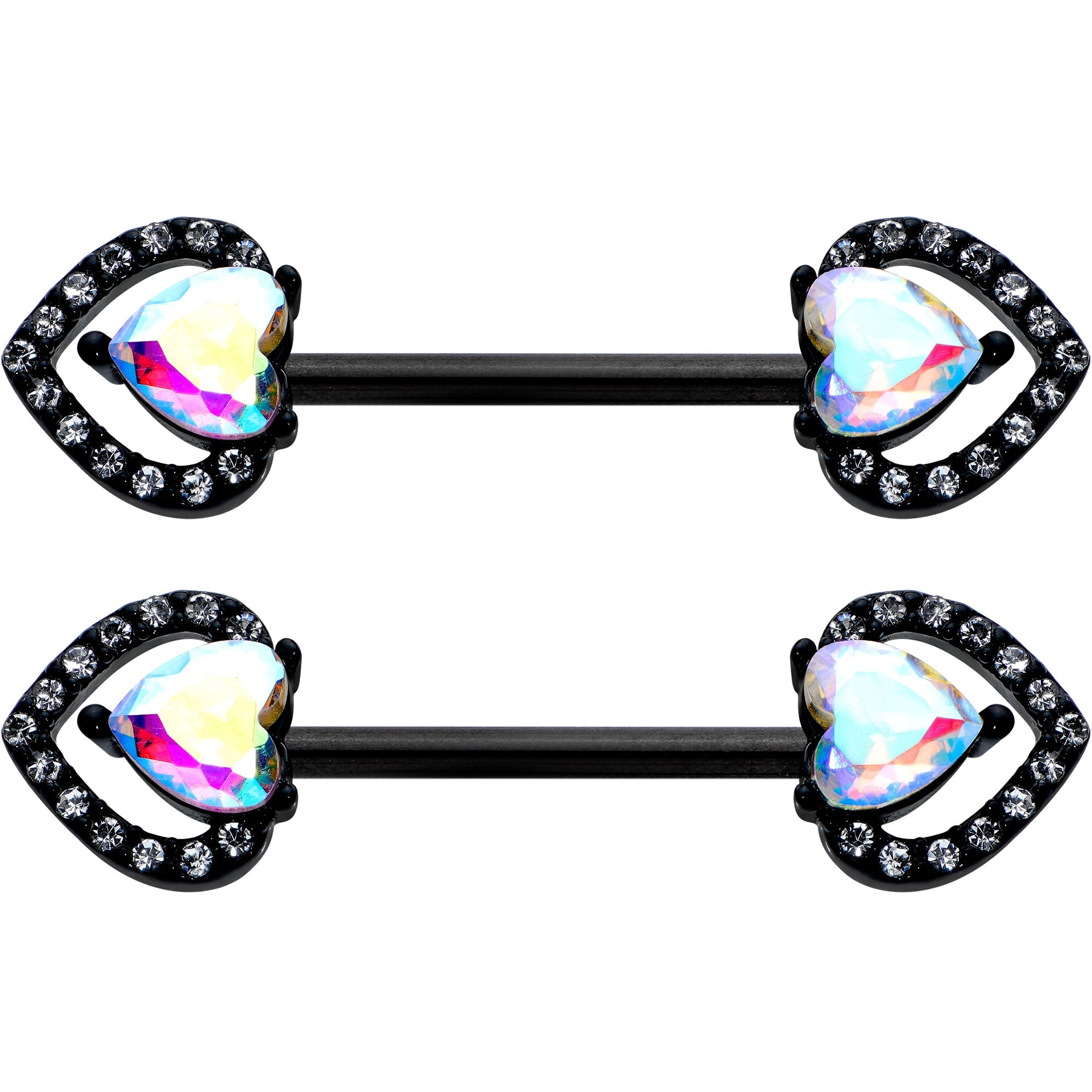 BodyCandy 14 G 9/16 Aurora Gem Black Rococo Heart Barbell Nipple Ring Set — detail close-up