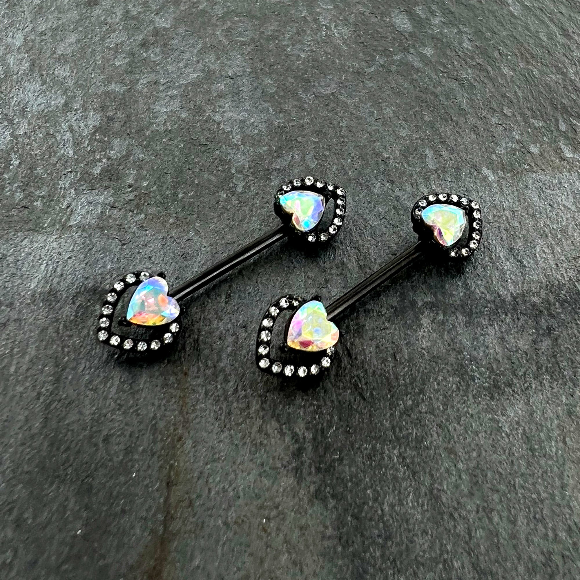 BodyCandy 14 G 9/16 Aurora Gem Black Rococo Heart Barbell Nipple Ring Set — side view