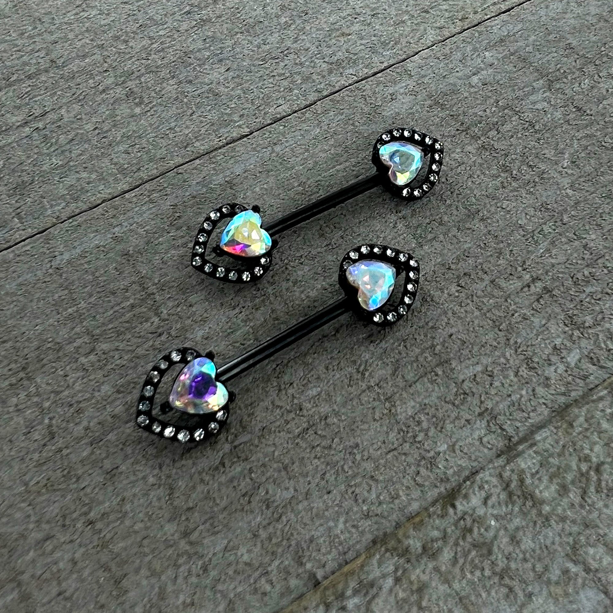 BodyCandy 14 G 9/16 Aurora Gem Black Rococo Heart Barbell Nipple Ring Set — back view