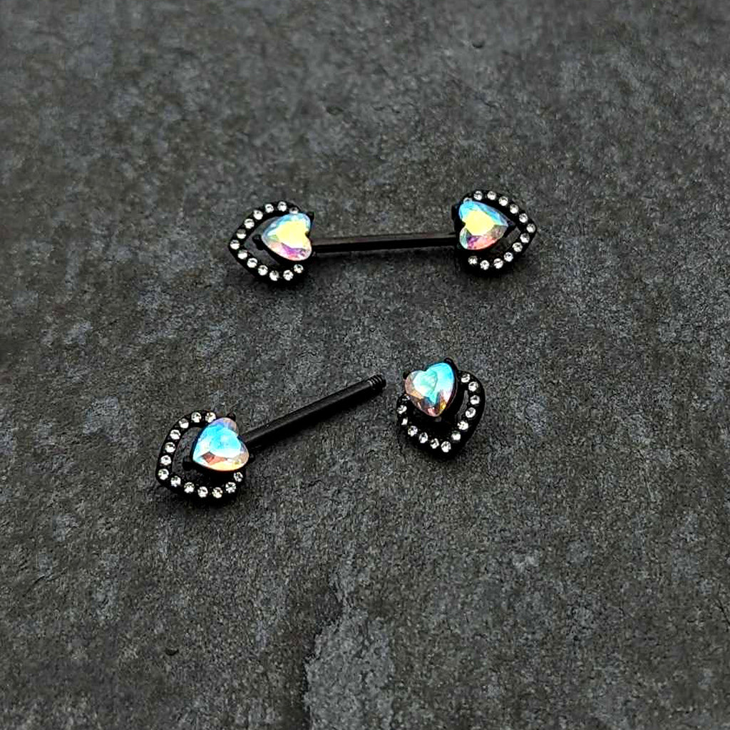 BodyCandy 14 G 9/16 Aurora Gem Black Rococo Heart Barbell Nipple Ring Set — alternative angle