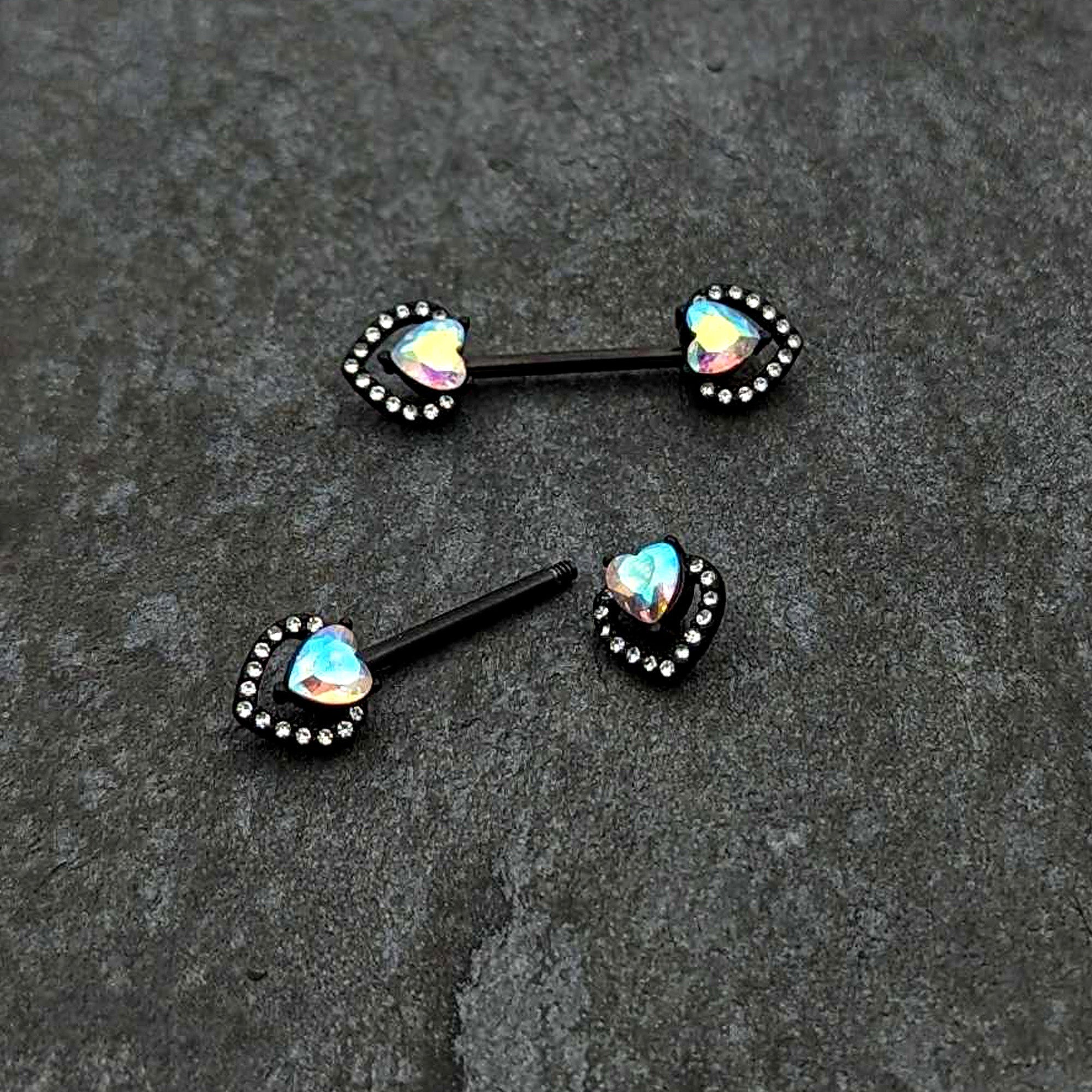 BodyCandy 14 G 9/16 Aurora Gem Black Rococo Heart Barbell Nipple Ring Set — alternative angle