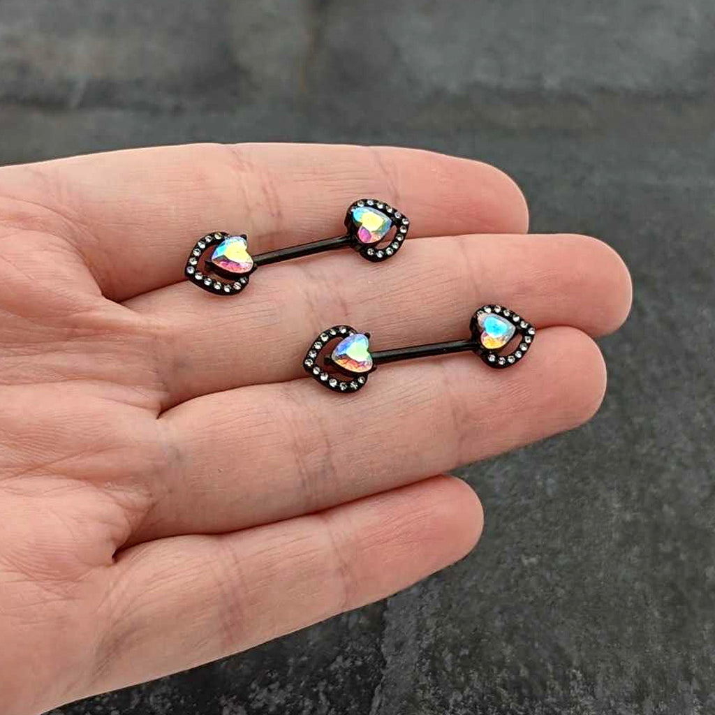 BodyCandy 14 G 9/16 Aurora Gem Black Rococo Heart Barbell Nipple Ring Set — in-use photo