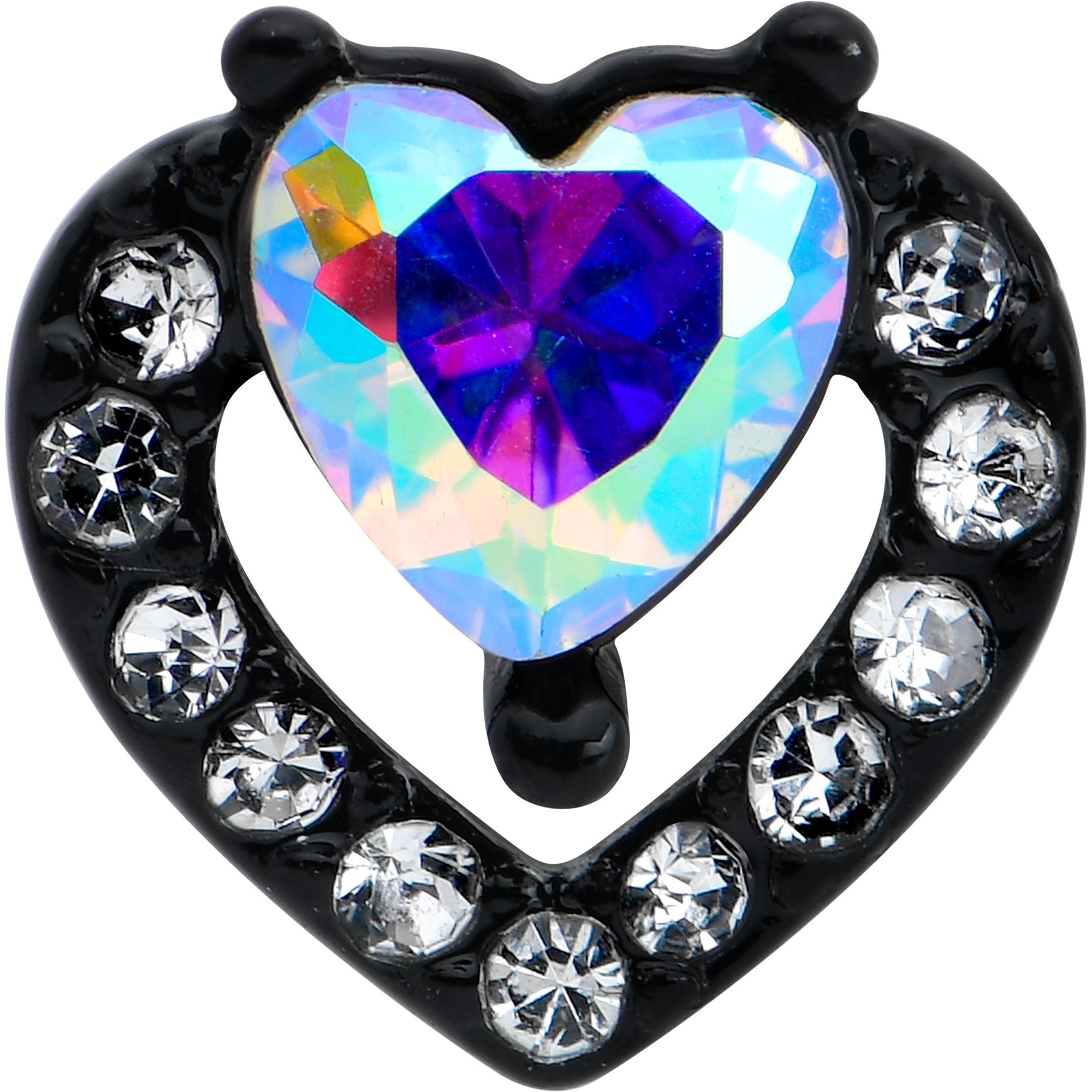 BodyCandy 16G 1/4 Aurora Gem Black Double Heart Cartilage Tragus Earring — detail close-up
