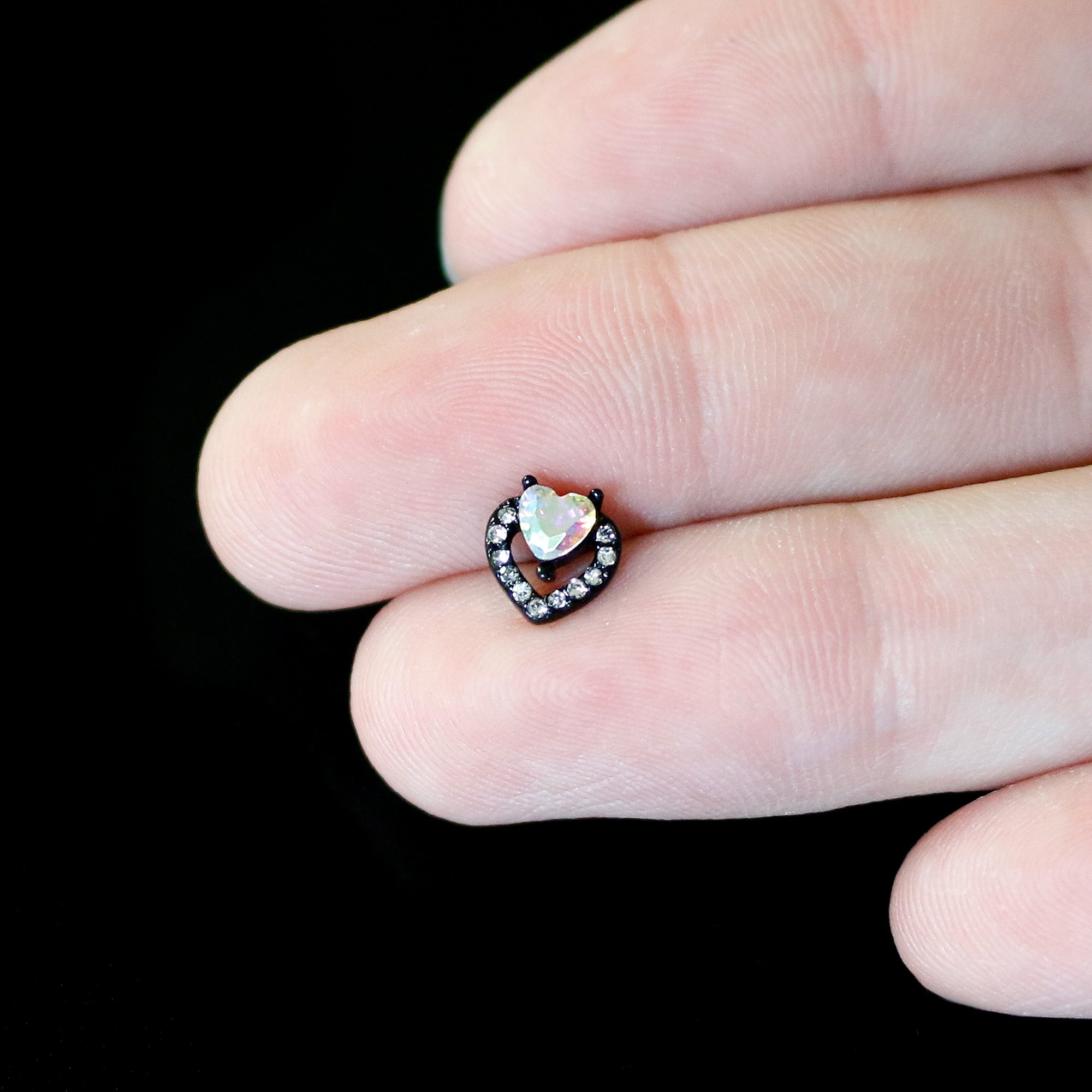 BodyCandy 16G 1/4 Aurora Gem Black Double Heart Cartilage Tragus Earring — size reference