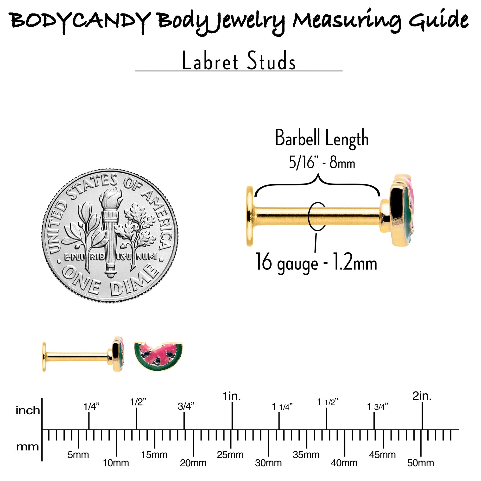 BodyCandy 16G 5/16 Gold Tone Watermelon Bite Labret Monroe Tragus — back view