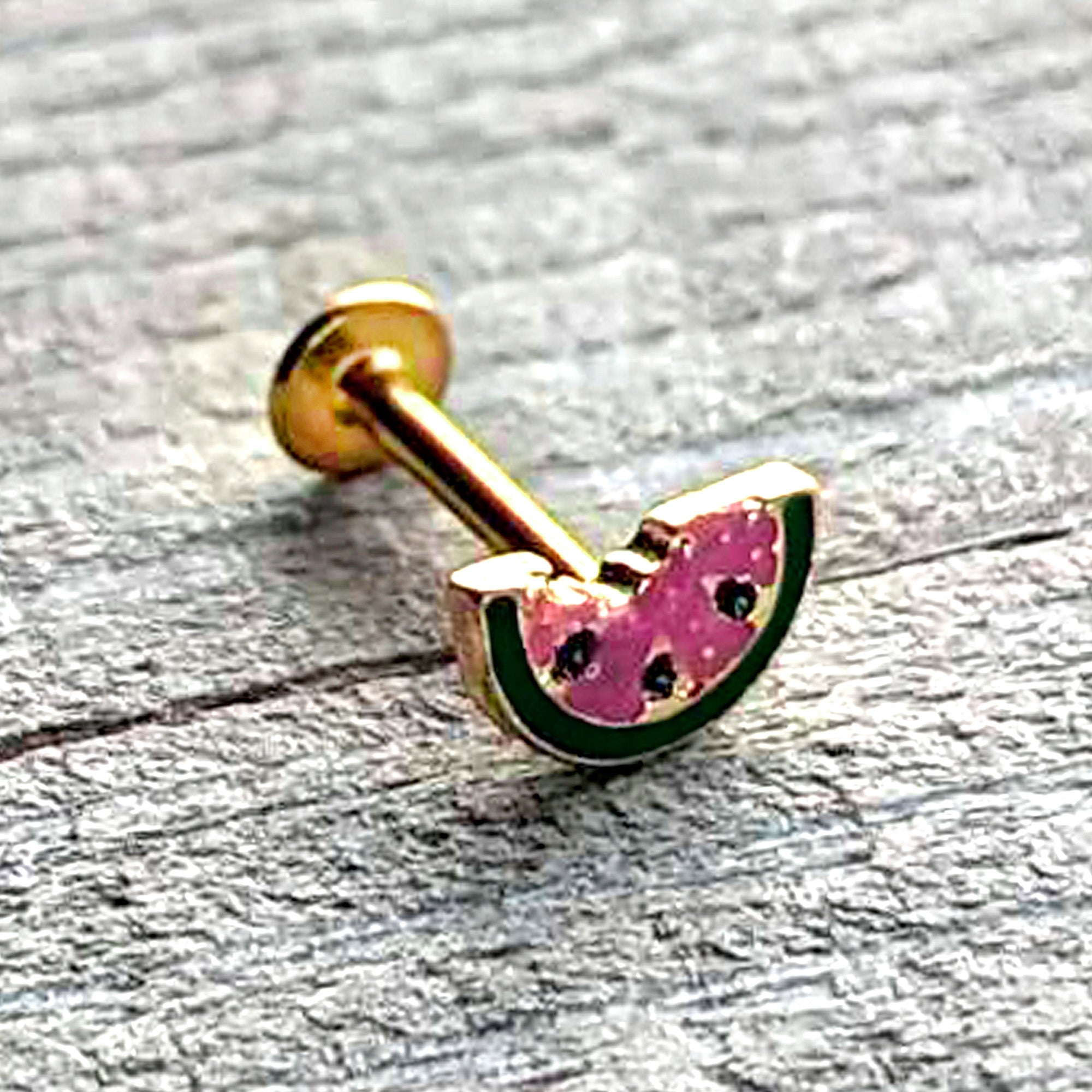 BodyCandy 16G 5/16 Gold Tone Watermelon Bite Labret Monroe Tragus — alternative angle