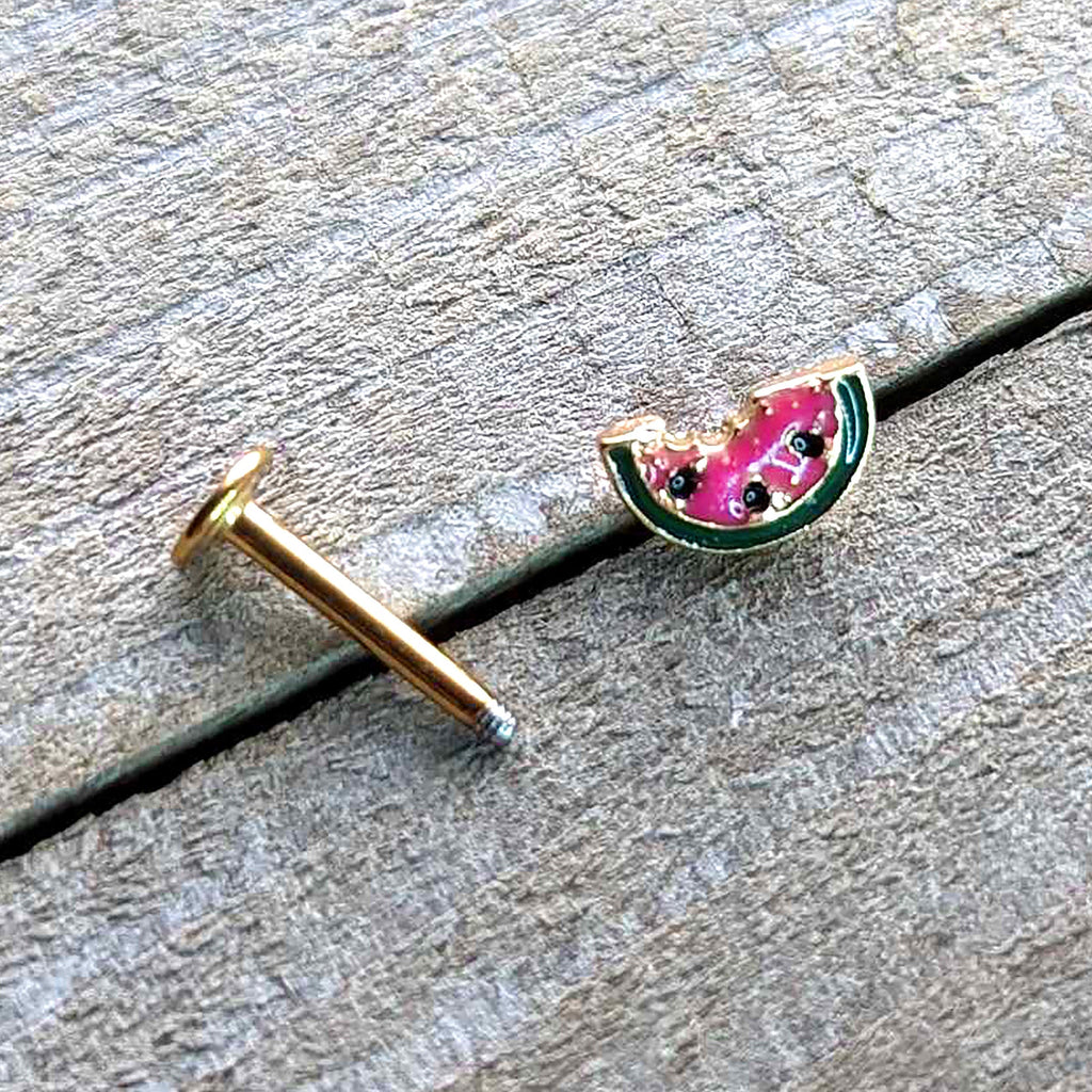 BodyCandy 16G 5/16 Gold Tone Watermelon Bite Labret Monroe Tragus — in-use photo