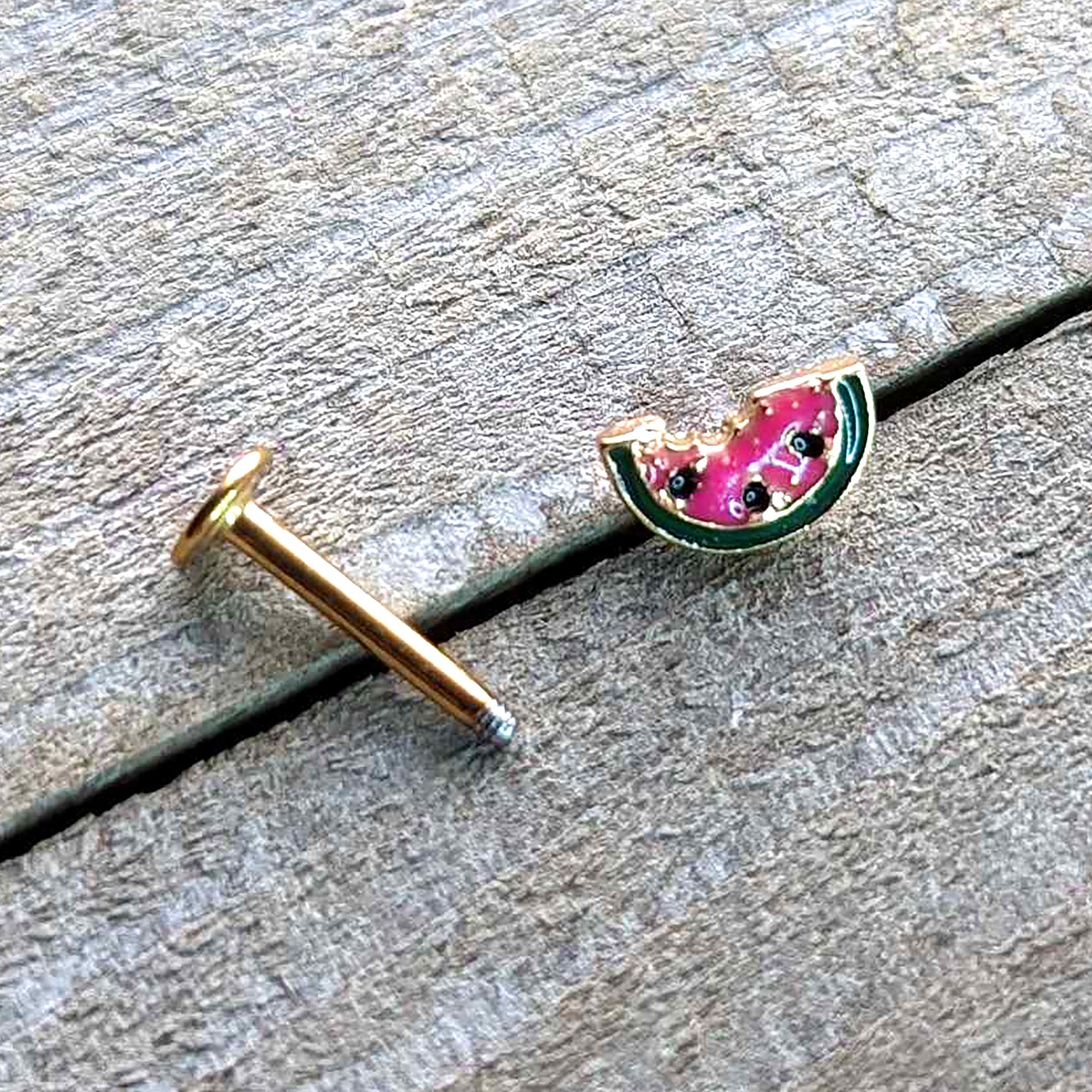 BodyCandy 16G 5/16 Gold Tone Watermelon Bite Labret Monroe Tragus — in-use photo