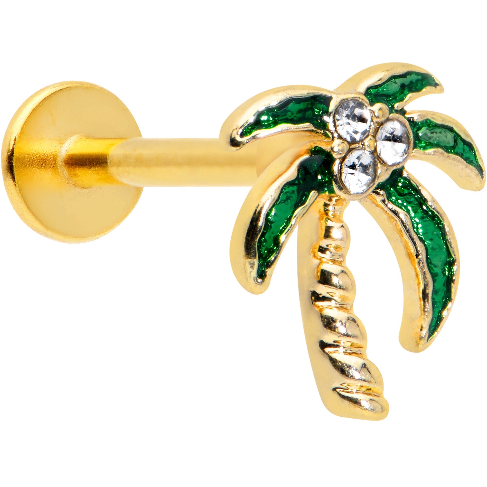 BodyCandy 16G 5/16 Clear Gem Gold Tone Palm Tree Style Labret Monroe Tragus — main product shot