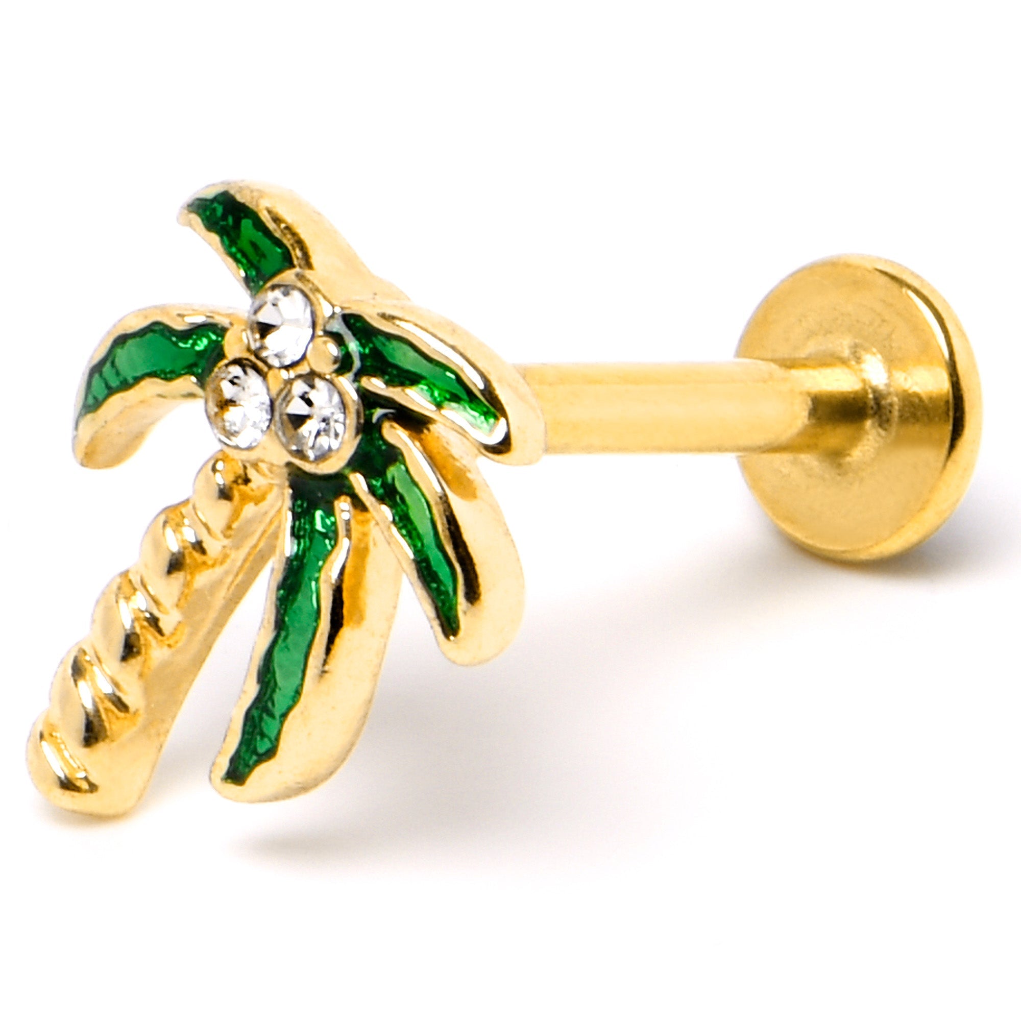 BodyCandy 16G 5/16 Clear Gem Gold Tone Palm Tree Style Labret Monroe Tragus — back view