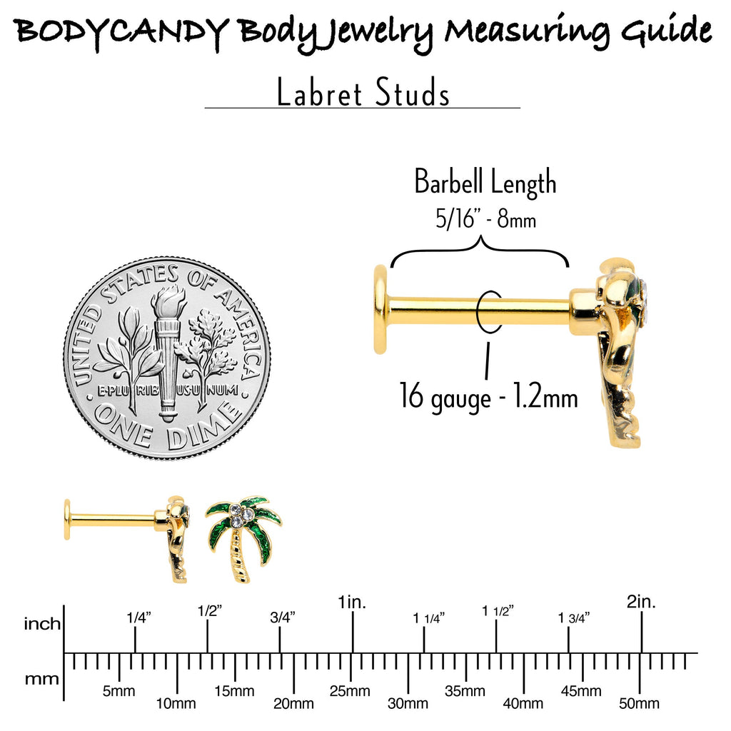 BodyCandy 16G 5/16 Clear Gem Gold Tone Palm Tree Style Labret Monroe Tragus — in-use photo