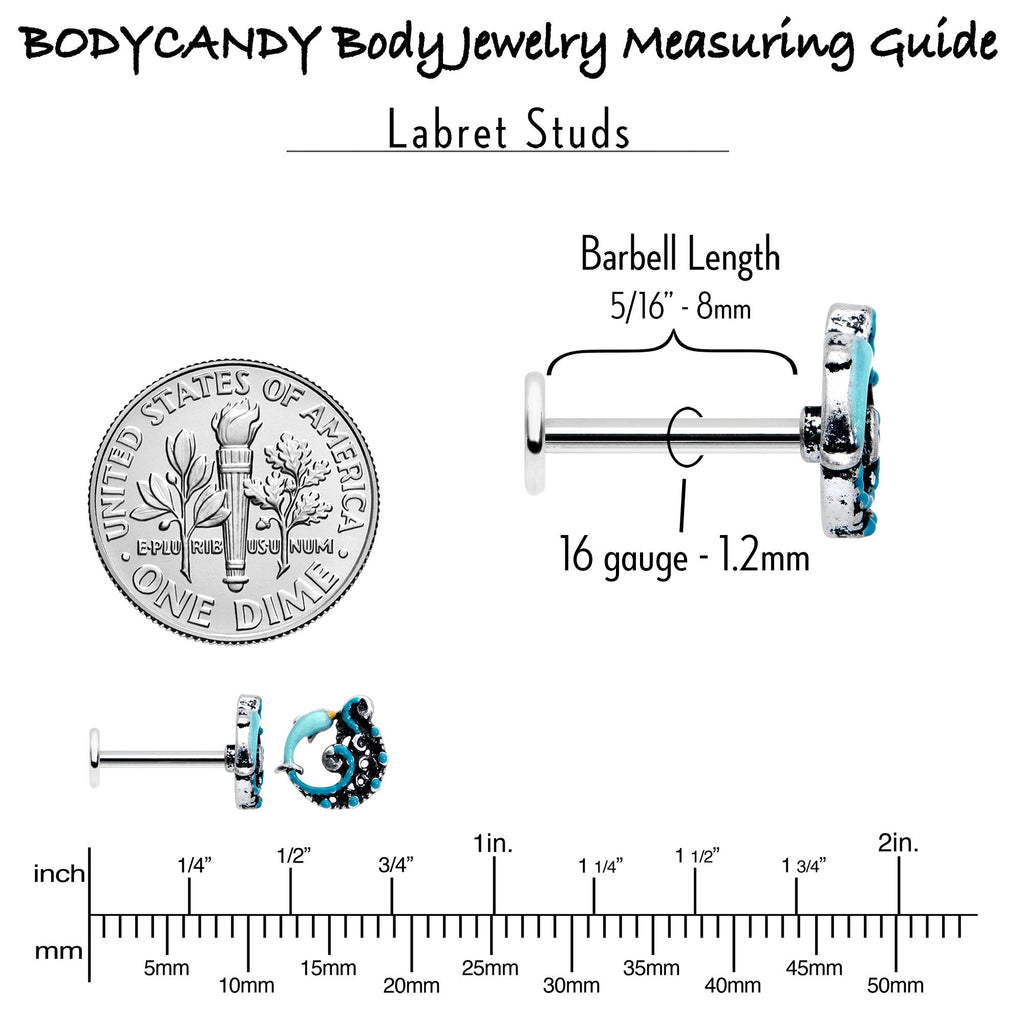 BodyCandy 16G 5/16 Leaping Blue Dolphin Labret Monroe Tragus — in-use photo