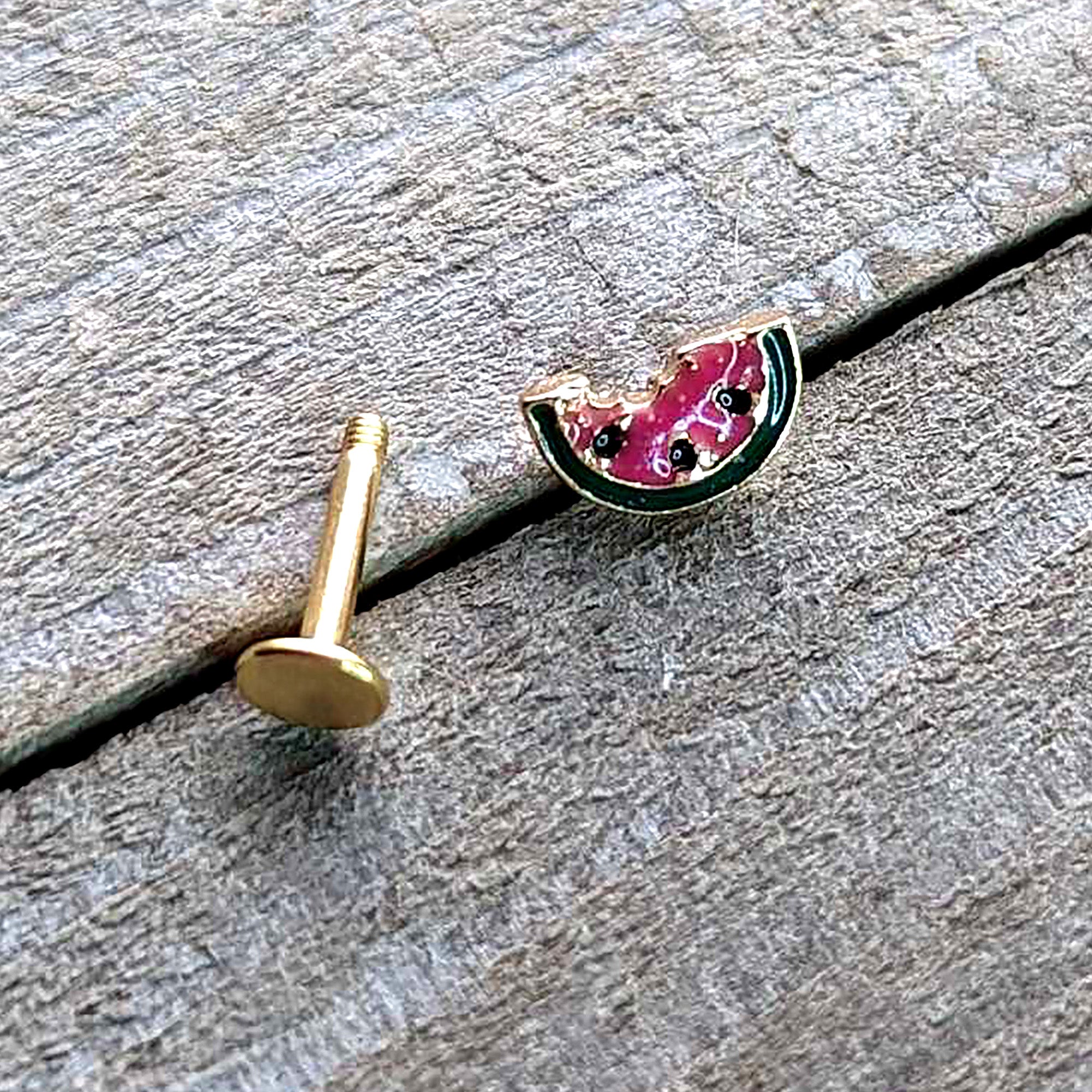 BodyCandy 16G 1/4 Gold Tone Watermelon Bite Labret — in-use photo