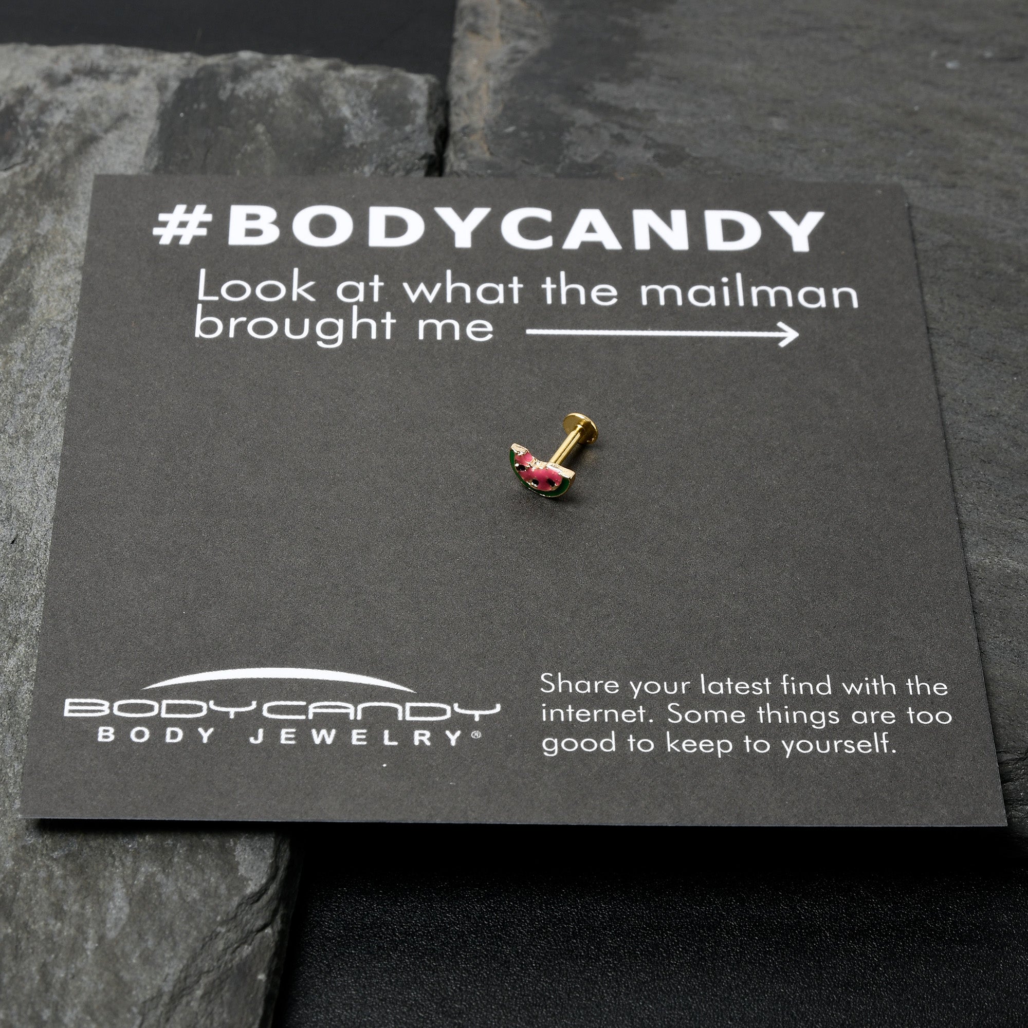 BodyCandy 16G 1/4 Gold Tone Watermelon Bite Labret — size reference