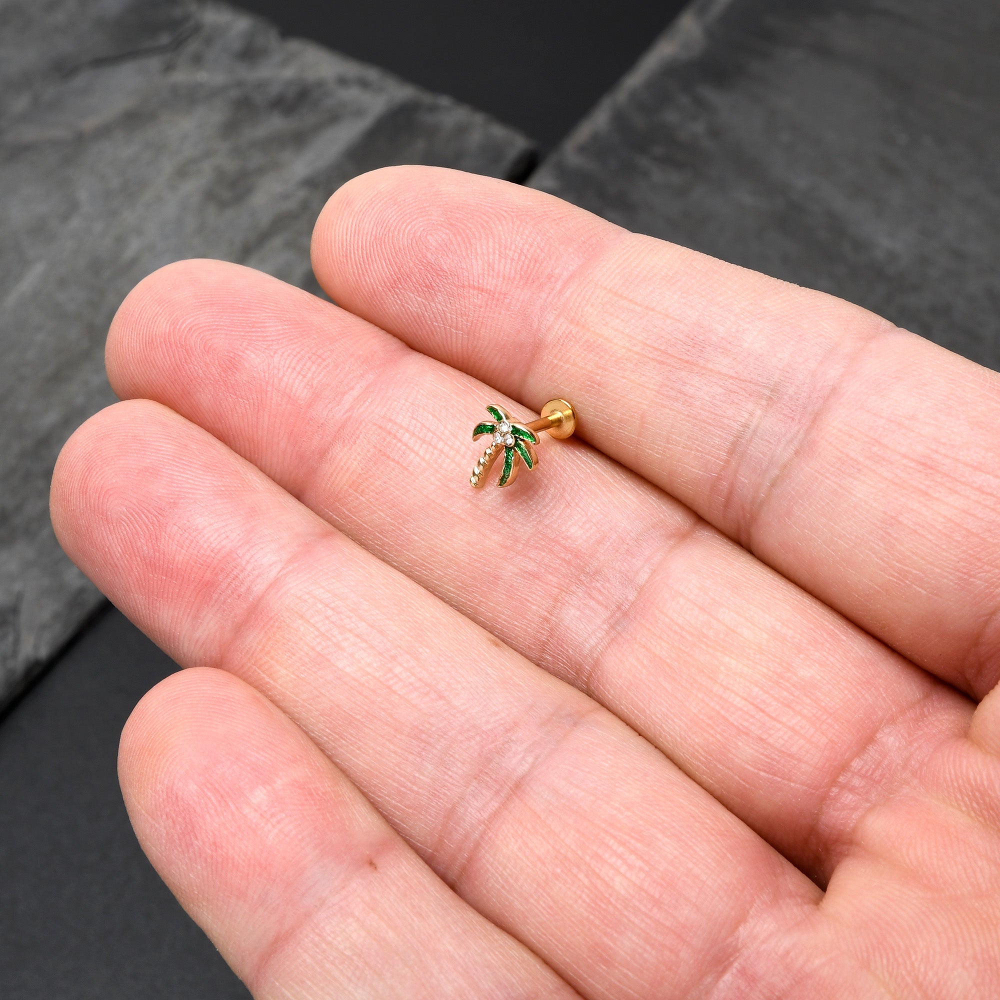 BodyCandy 16G 1/4 Clear Gem Gold Tone Palm Tree Style Labret — side view