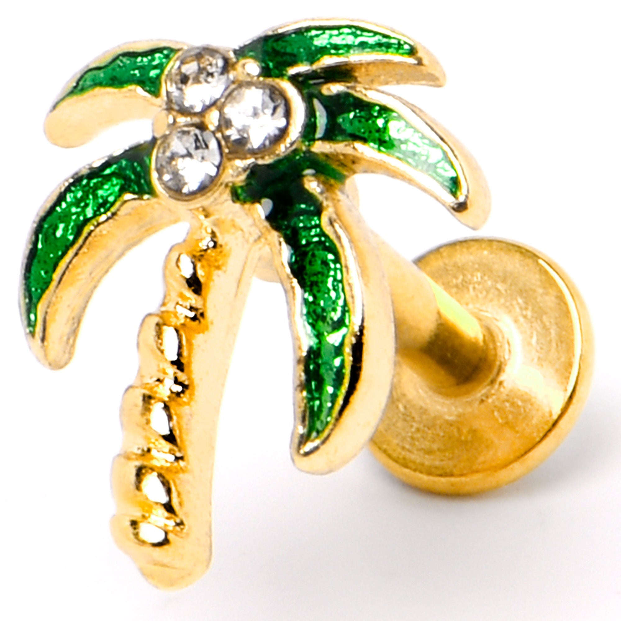 BodyCandy 16G 1/4 Clear Gem Gold Tone Palm Tree Style Labret — back view