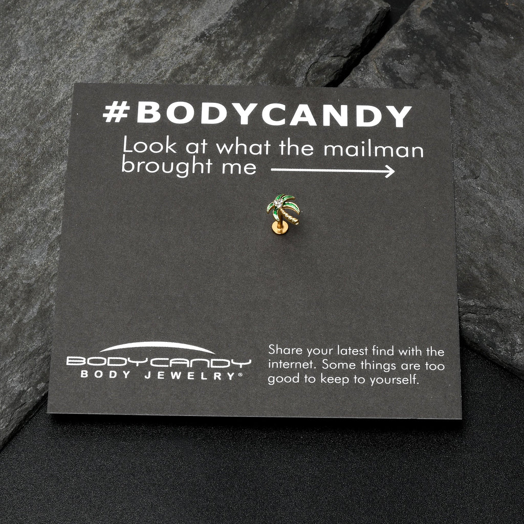 BodyCandy 16G 1/4 Clear Gem Gold Tone Palm Tree Style Labret — size reference