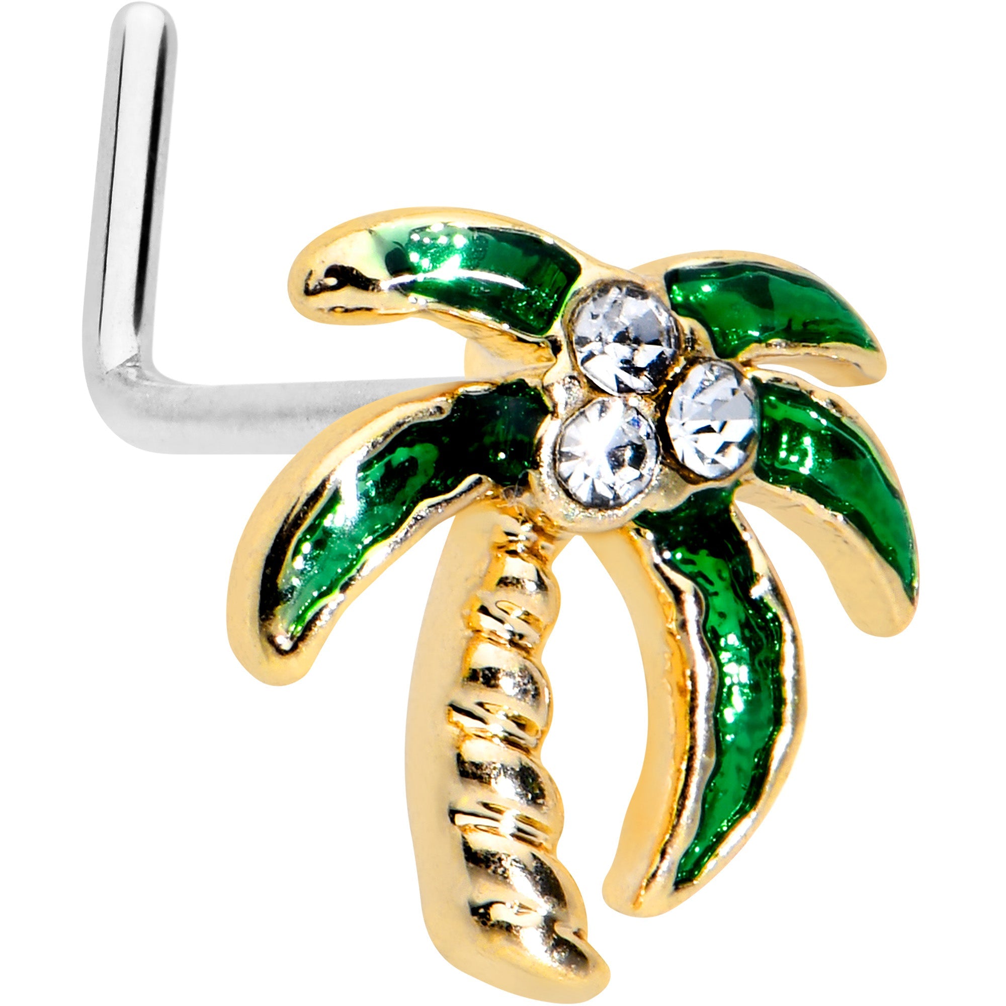 BodyCandy 20G 1/4 Clear Gem Golden Palm Tree Style L Shape Nose Ring — main product shot