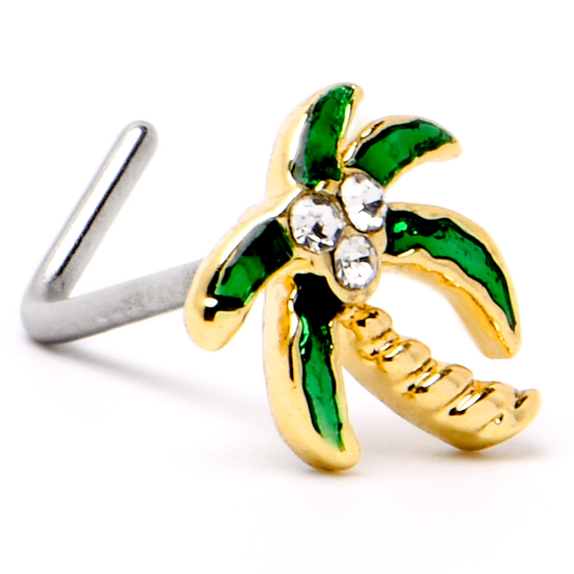 BodyCandy 20G 1/4 Clear Gem Golden Palm Tree Style L Shape Nose Ring — back view