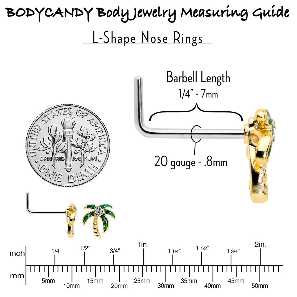 BodyCandy 20G 1/4 Clear Gem Golden Palm Tree Style L Shape Nose Ring — in-use photo