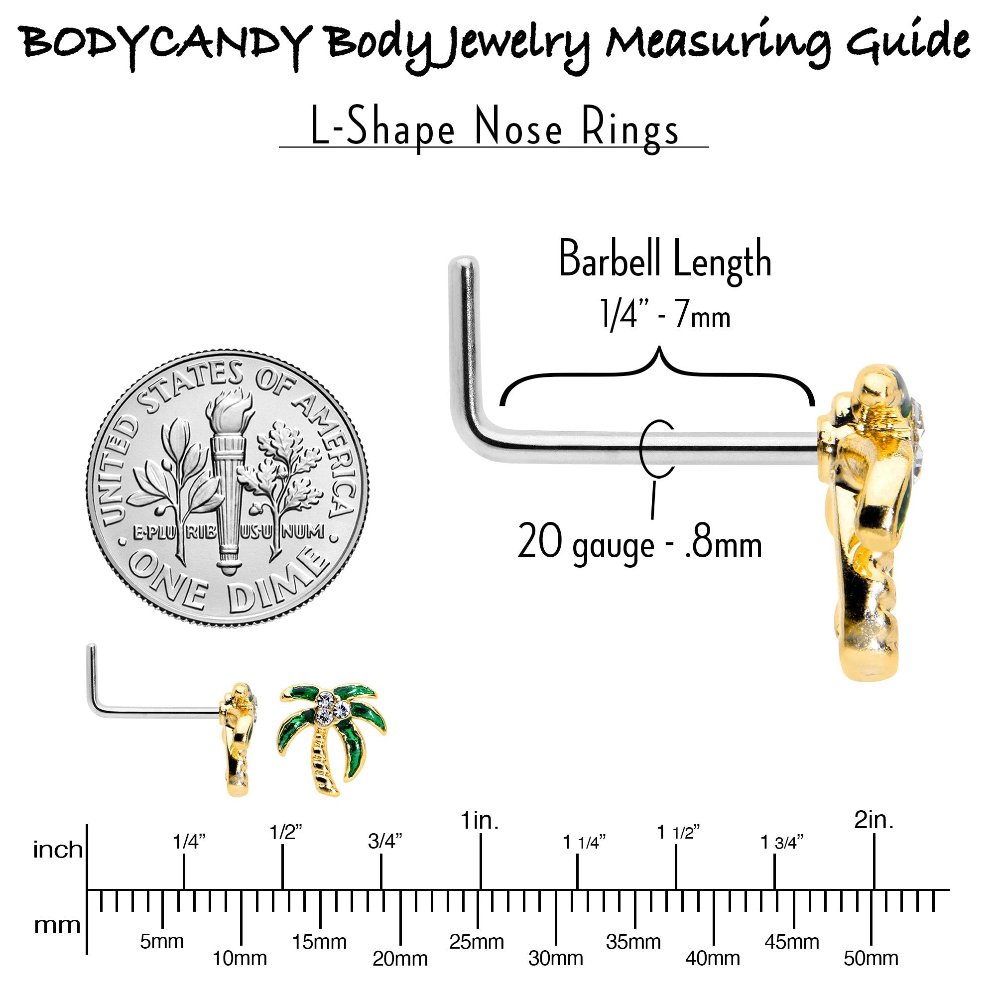 BodyCandy 20G 1/4 Clear Gem Golden Palm Tree Style L Shape Nose Ring — in-use photo