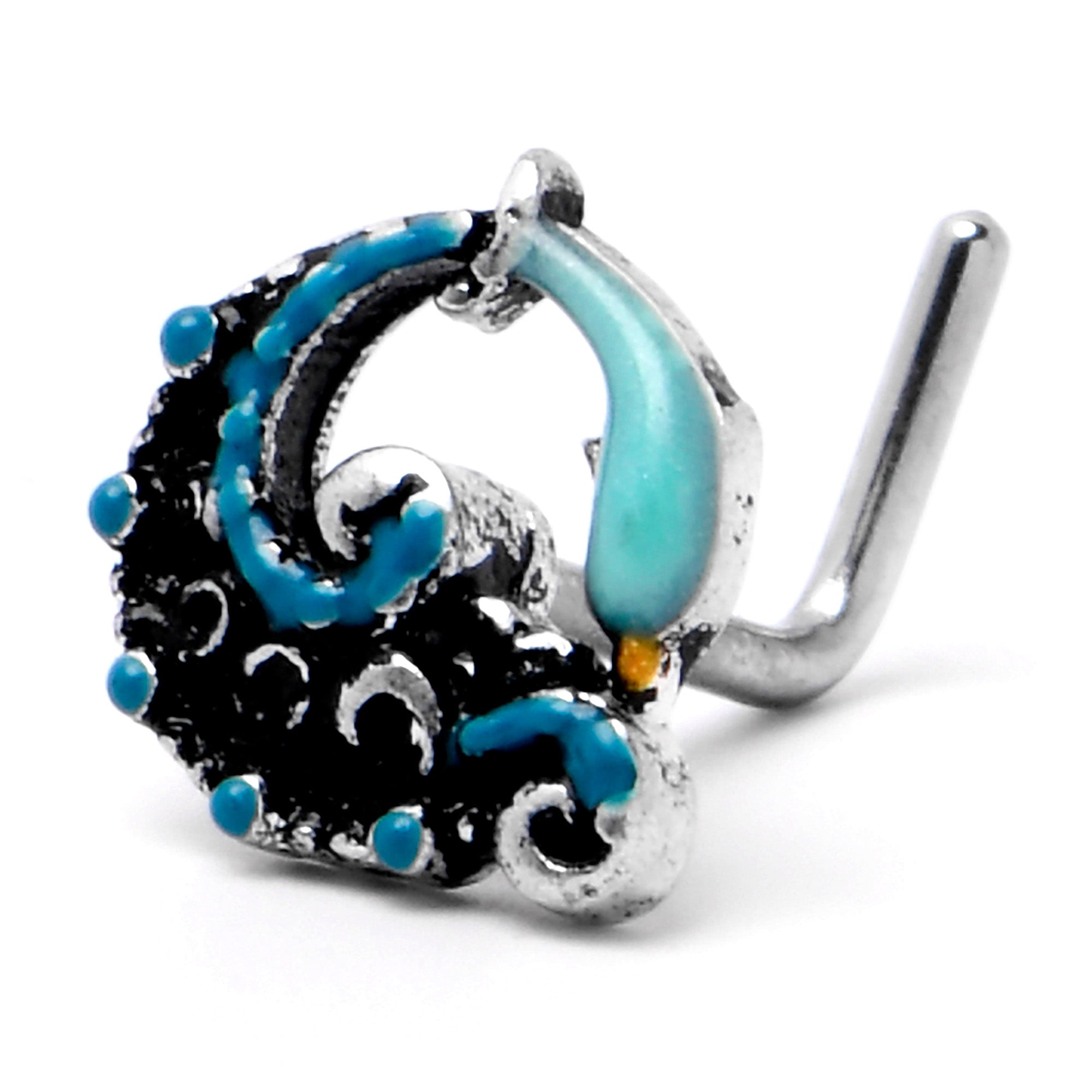 BodyCandy 20G 1/4 Leaping Blue Dolphin L Shape Nose Ring — side view