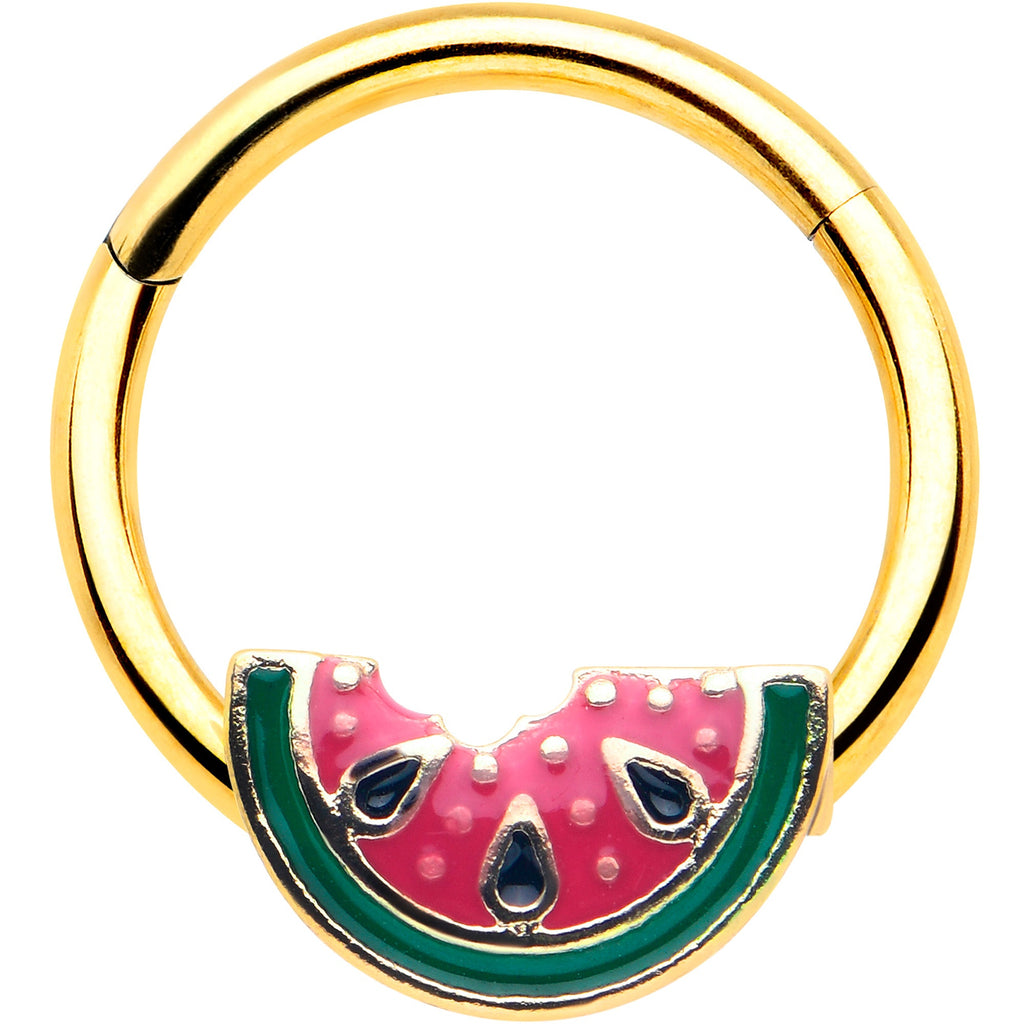 BodyCandy 16G 3/8 Gold Tone Watermelon Bite Hinged Segment Ring — main product shot