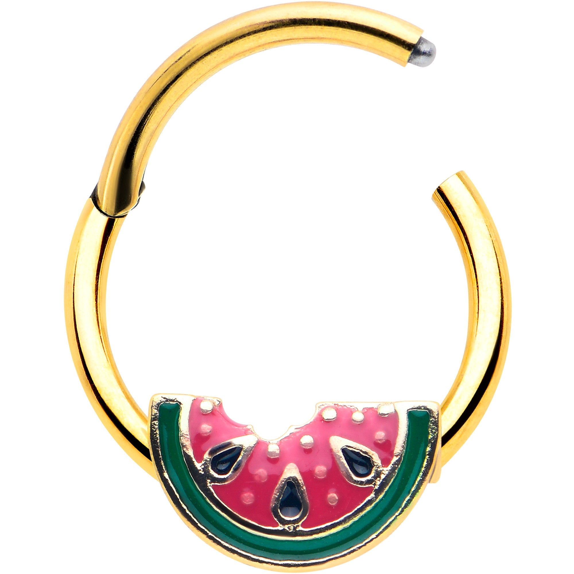 BodyCandy 16G 3/8 Gold Tone Watermelon Bite Hinged Segment Ring — detail close-up