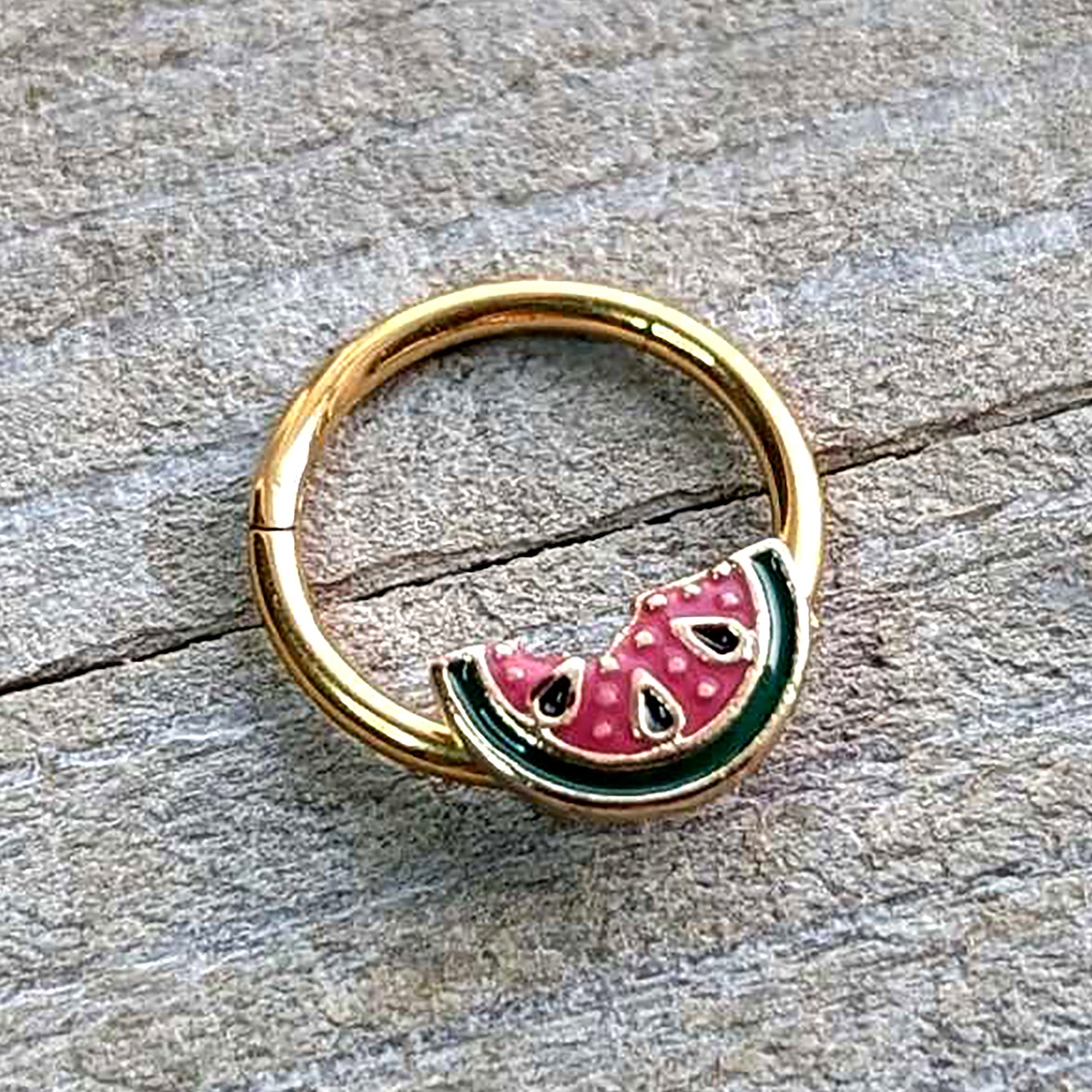 BodyCandy 16G 3/8 Gold Tone Watermelon Bite Hinged Segment Ring — back view