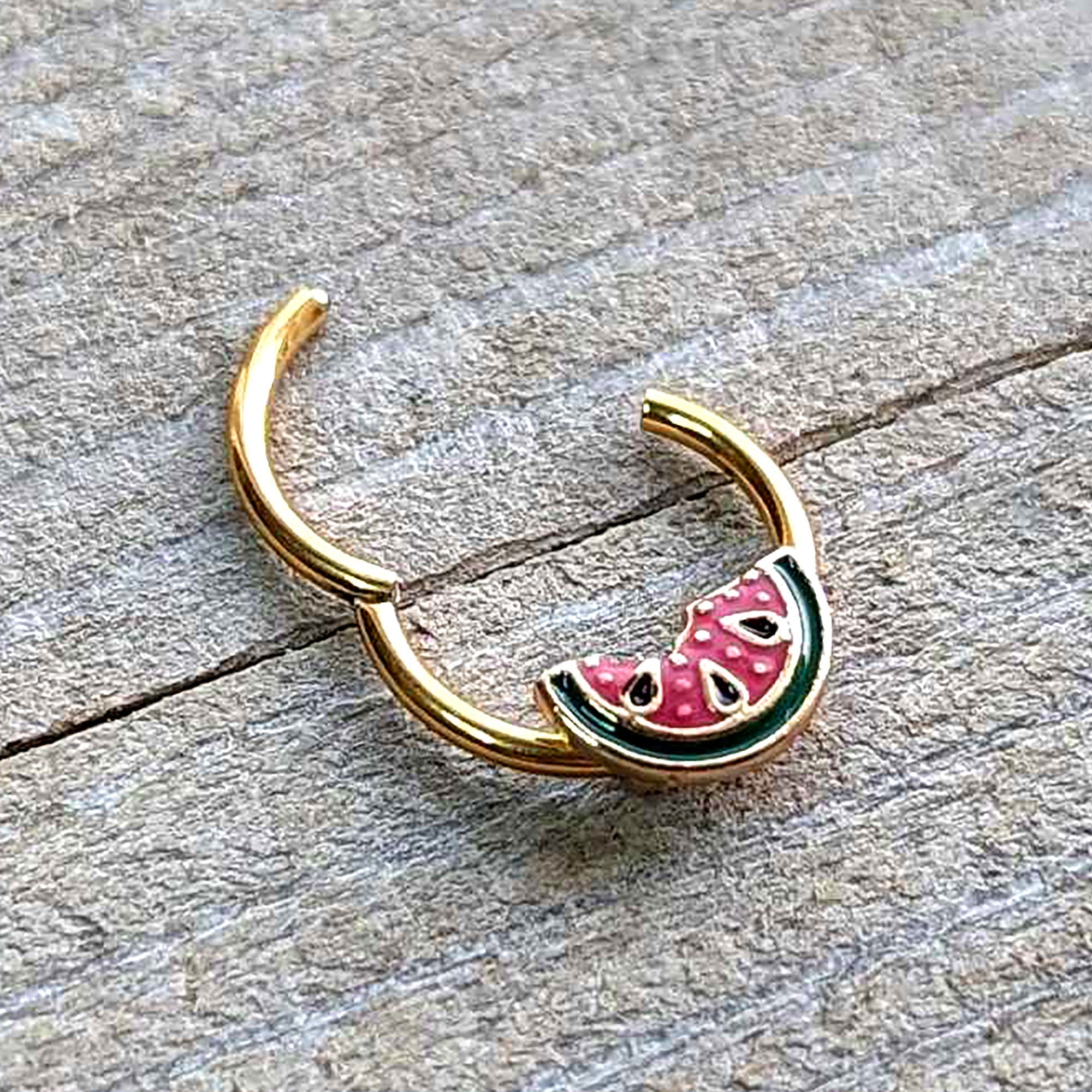 BodyCandy 16G 3/8 Gold Tone Watermelon Bite Hinged Segment Ring — alternative angle