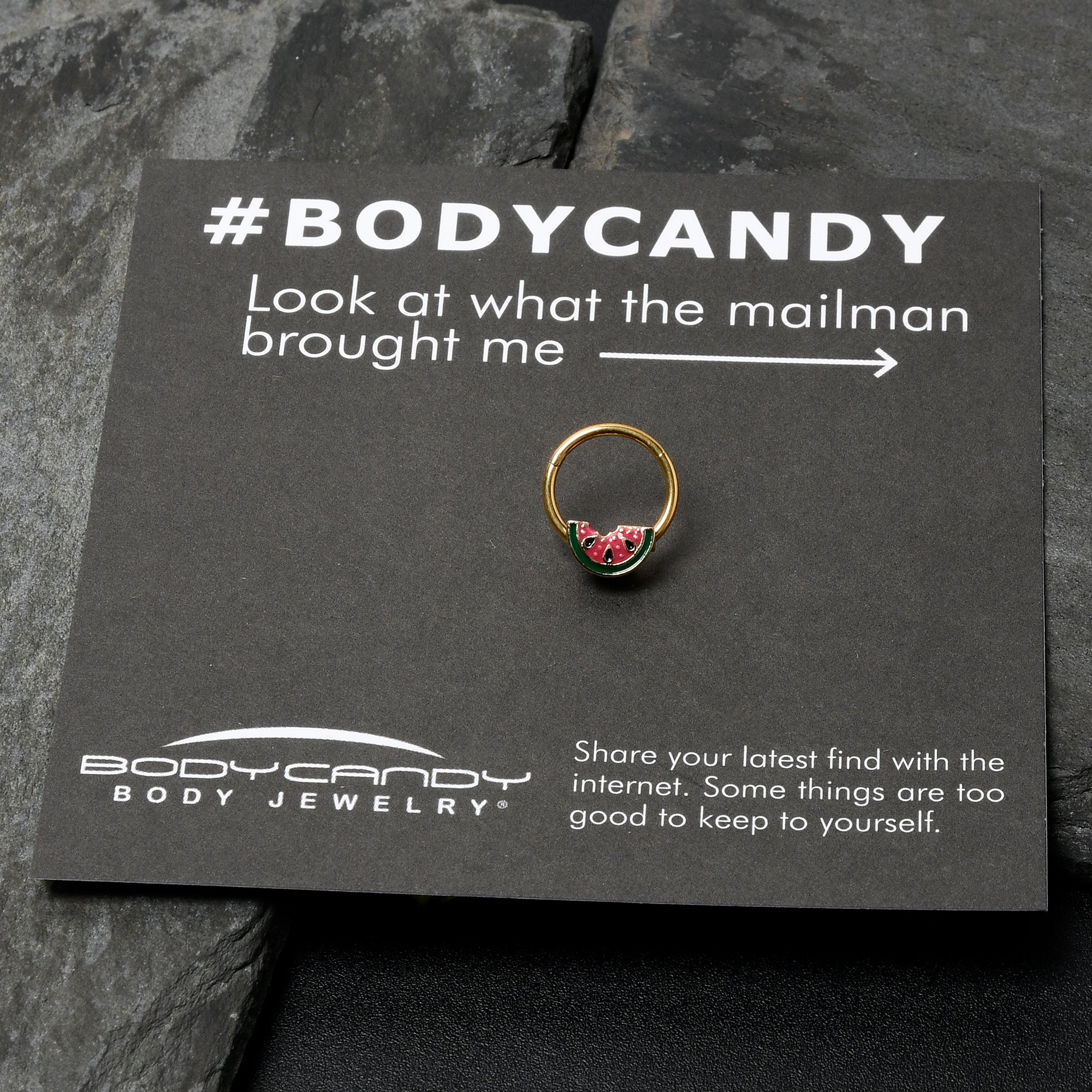 BodyCandy 16G 3/8 Gold Tone Watermelon Bite Hinged Segment Ring — in-use photo