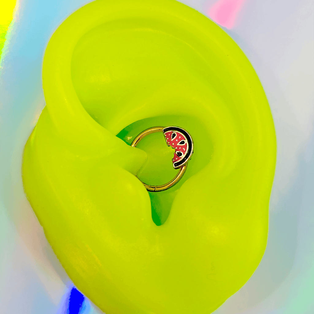 BodyCandy 16G 3/8 Gold Tone Watermelon Bite Hinged Segment Ring — color detail