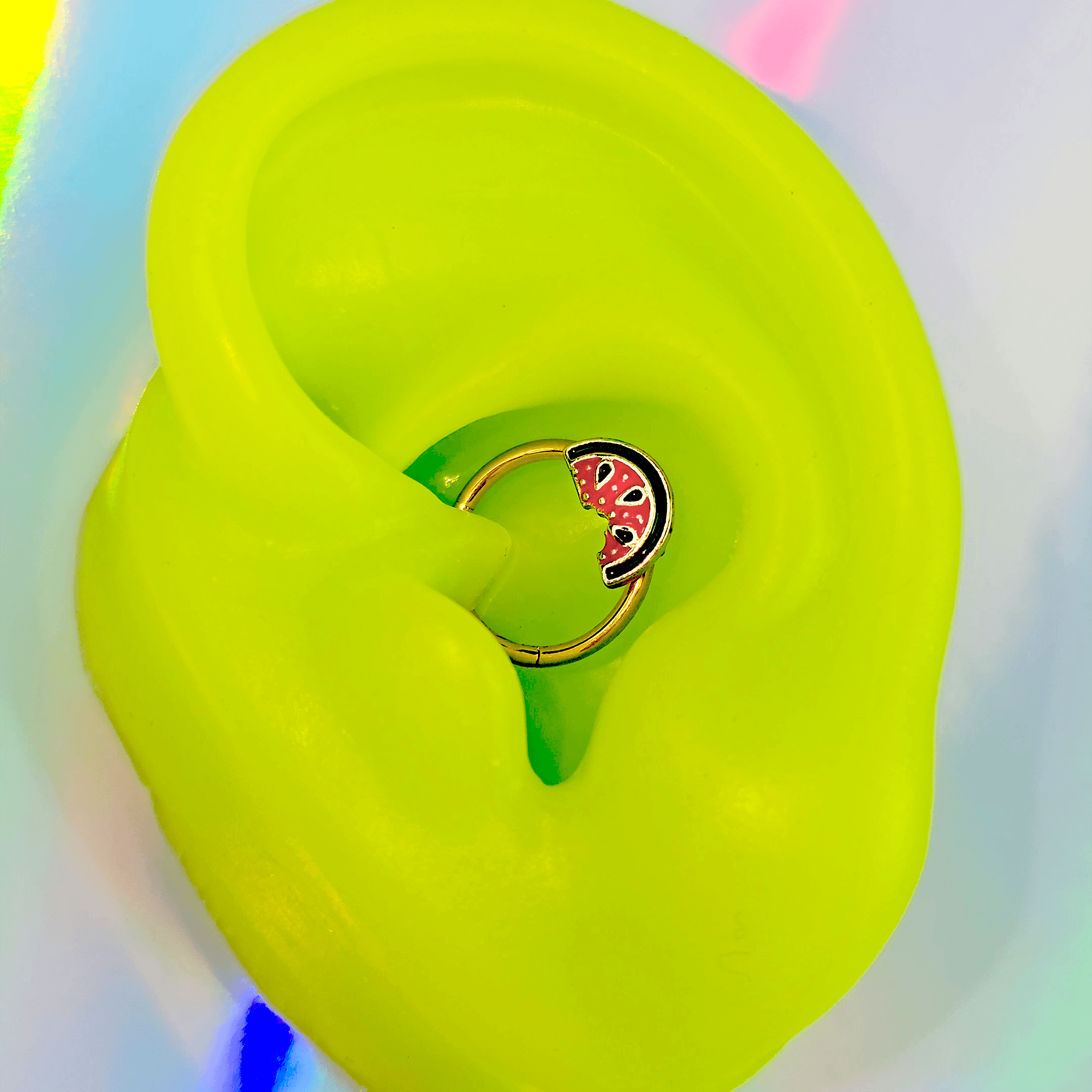 BodyCandy 16G 3/8 Gold Tone Watermelon Bite Hinged Segment Ring — color detail