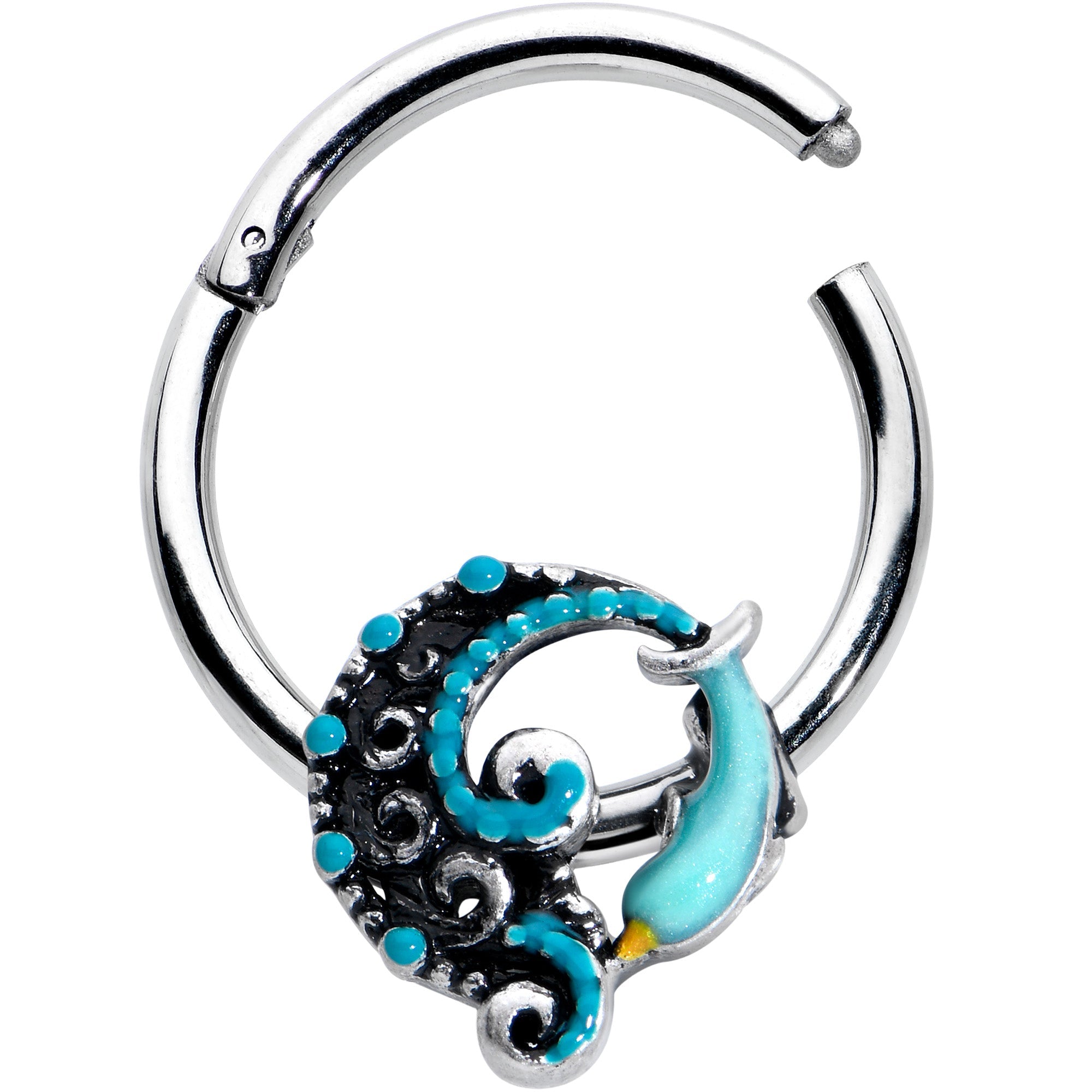 BodyCandy 16G 3/8 Leaping Blue Dolphin Hinged Segment Ring — detail close-up