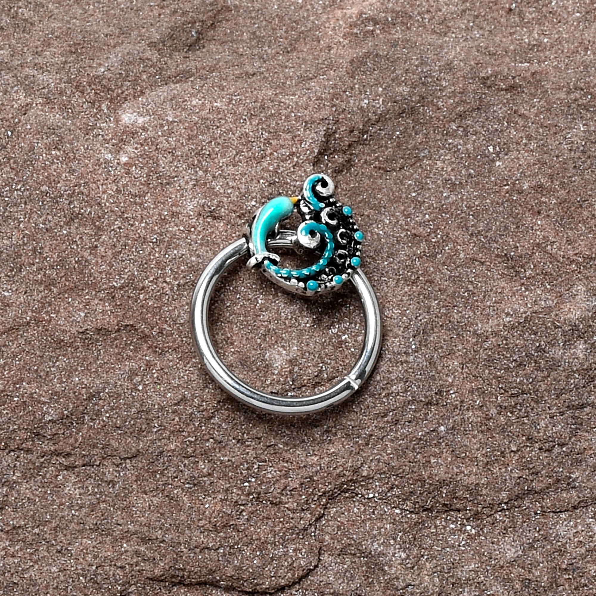 BodyCandy 16G 3/8 Leaping Blue Dolphin Hinged Segment Ring — lifestyle context