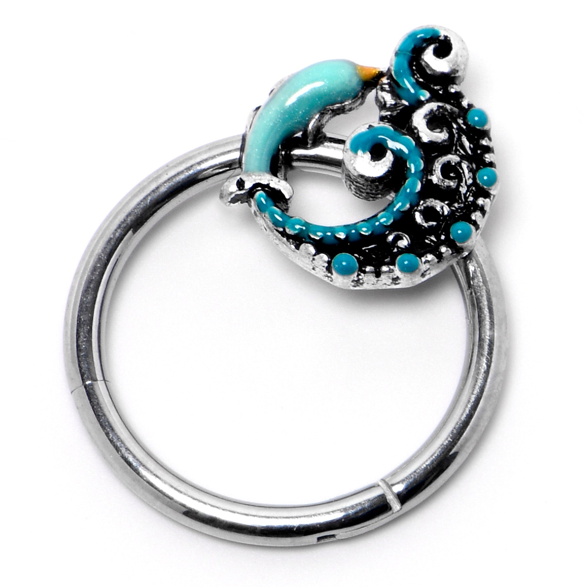 BodyCandy 16G 3/8 Leaping Blue Dolphin Hinged Segment Ring — side view
