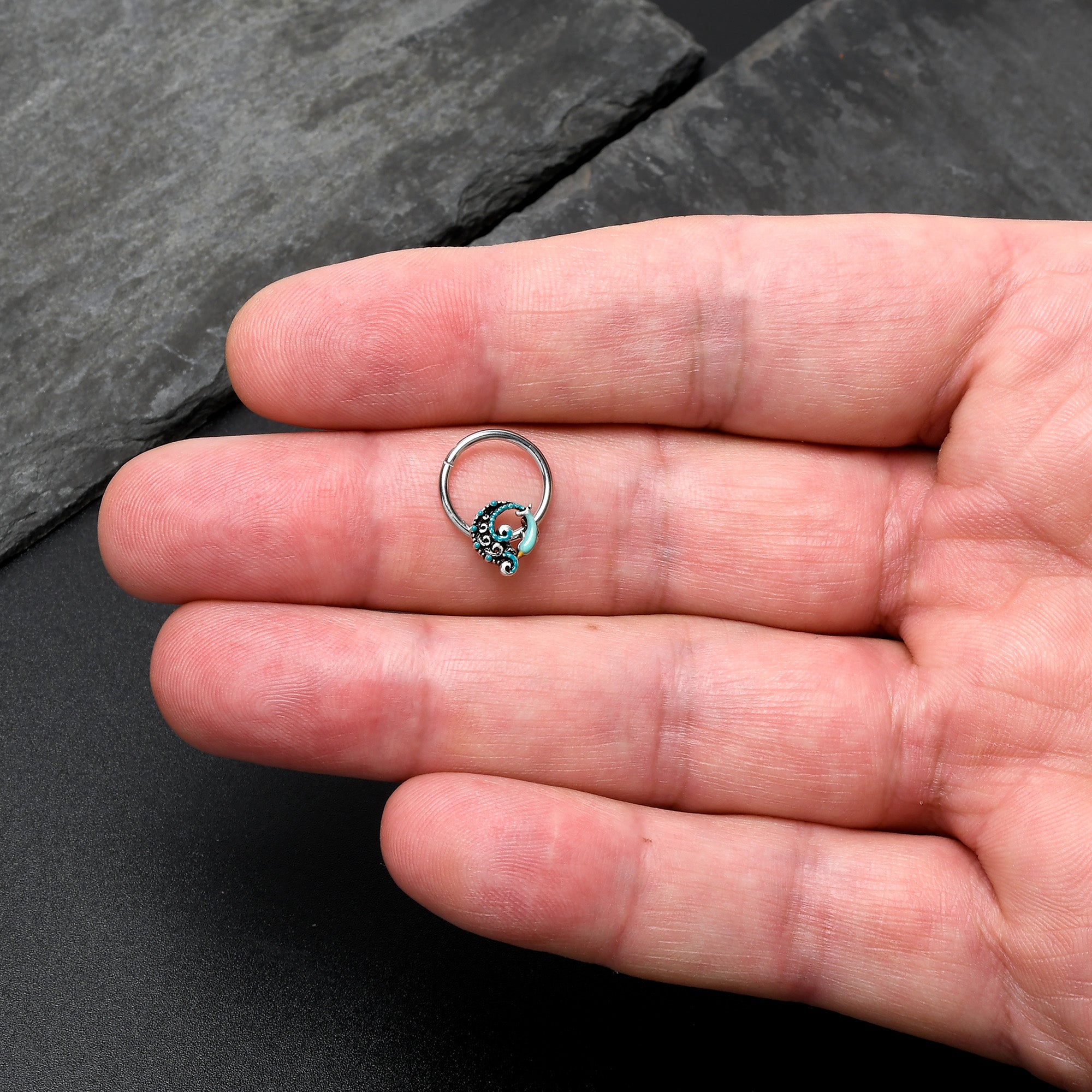 BodyCandy 16G 3/8 Leaping Blue Dolphin Hinged Segment Ring — alternative angle