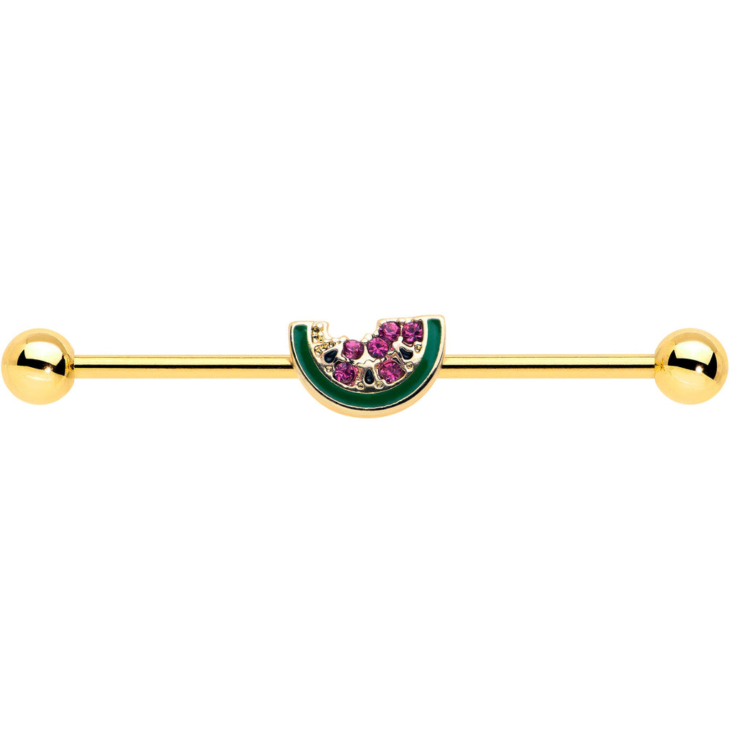 BodyCandy 14G Gold Tone Watermelon Bite Industrial Barbell 38mm — detail close-up