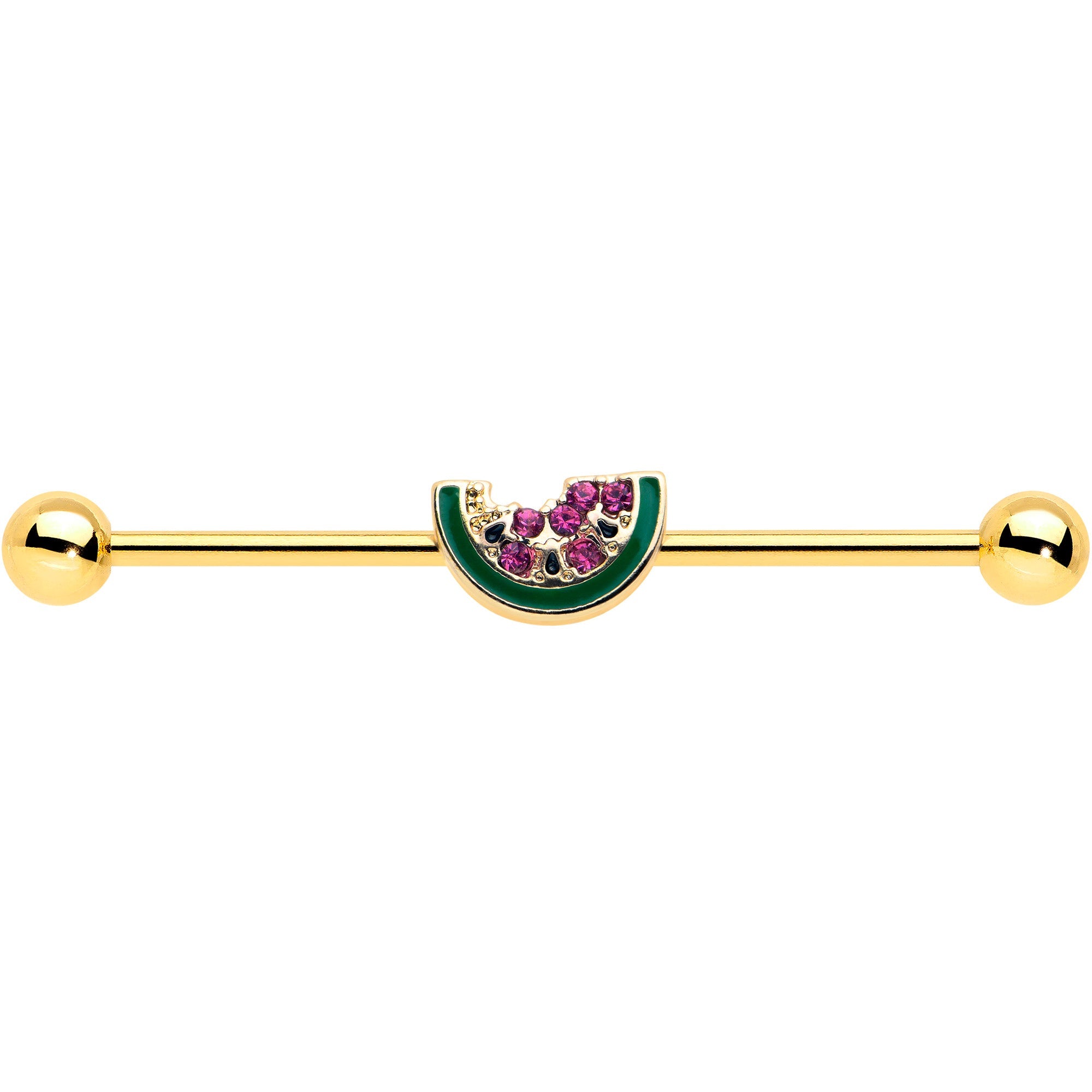 BodyCandy 14G Gold Tone Watermelon Bite Industrial Barbell 38mm — detail close-up