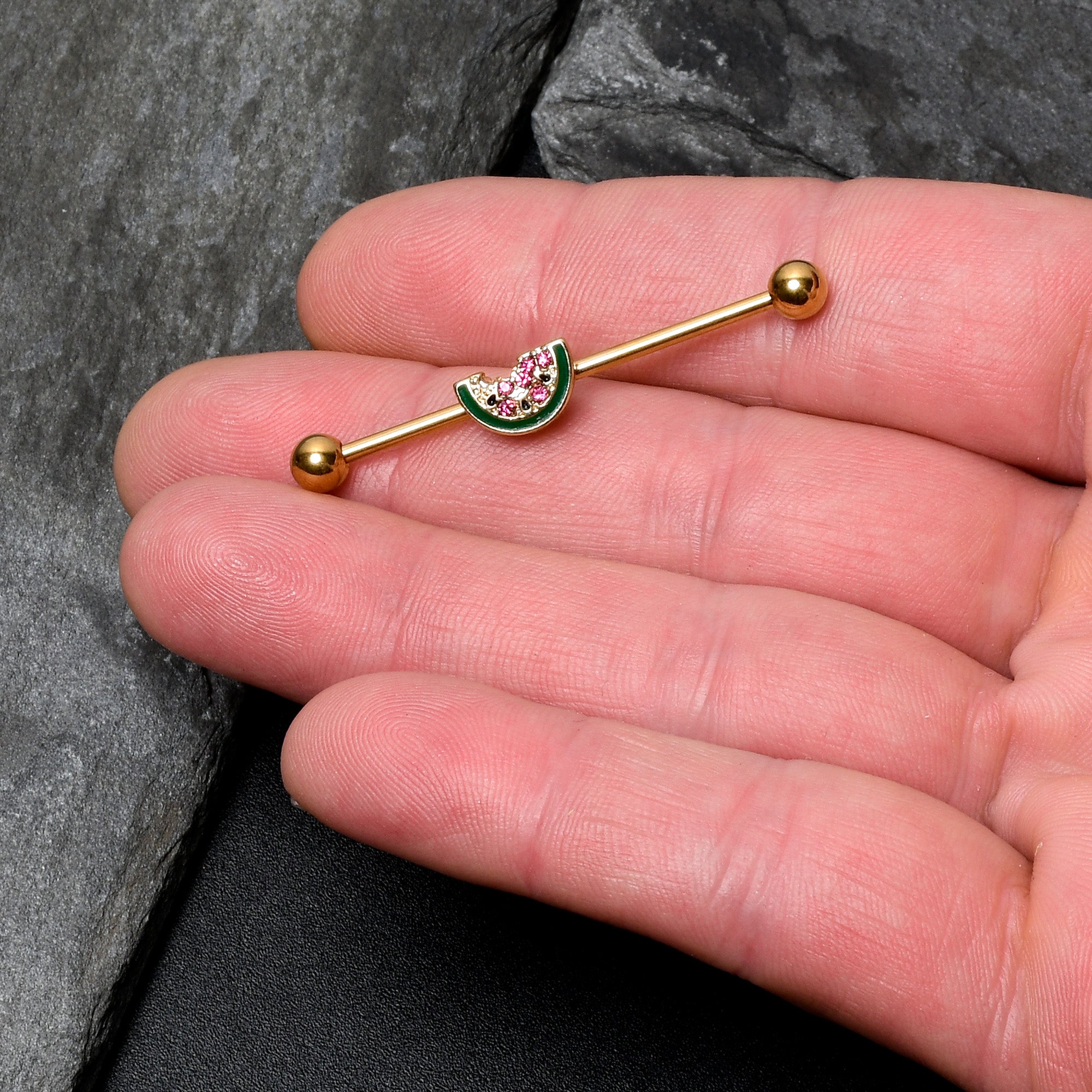 BodyCandy 14G Gold Tone Watermelon Bite Industrial Barbell 38mm — lifestyle context