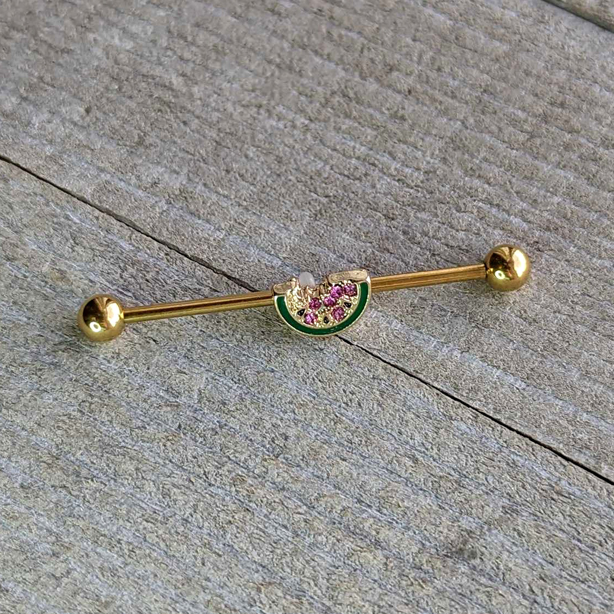 BodyCandy 14G Gold Tone Watermelon Bite Industrial Barbell 38mm — side view
