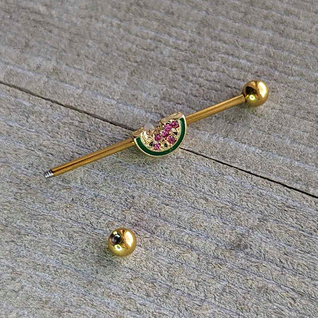 BodyCandy 14G Gold Tone Watermelon Bite Industrial Barbell 38mm — back view