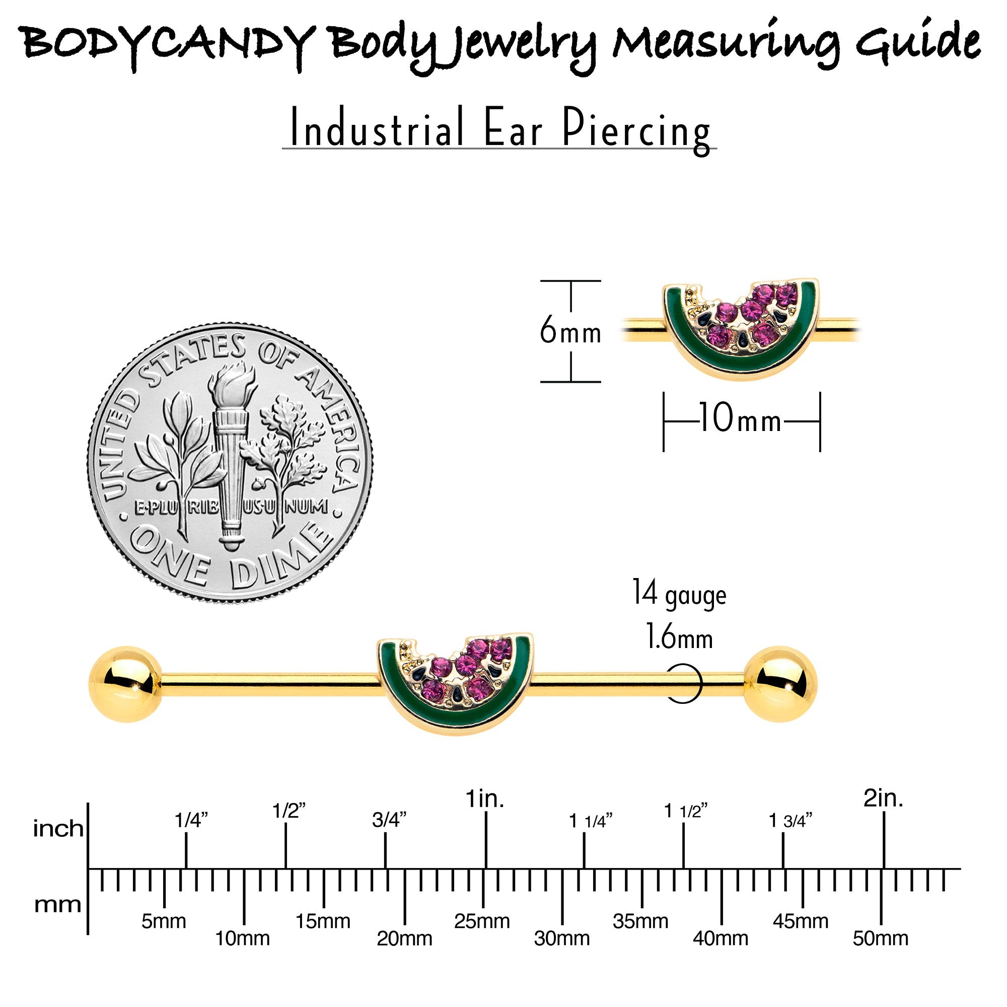 BodyCandy 14G Gold Tone Watermelon Bite Industrial Barbell 38mm — alternative angle