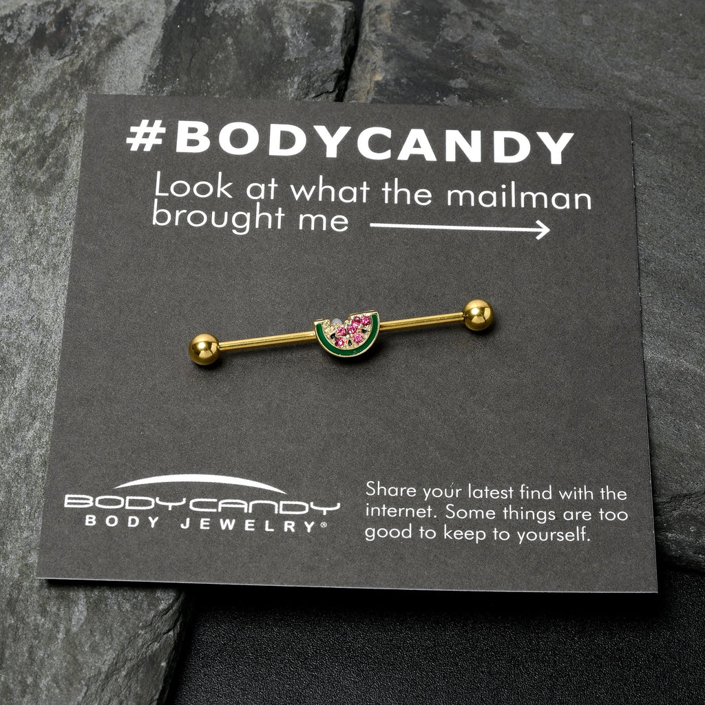 BodyCandy 14G Gold Tone Watermelon Bite Industrial Barbell 38mm — in-use photo