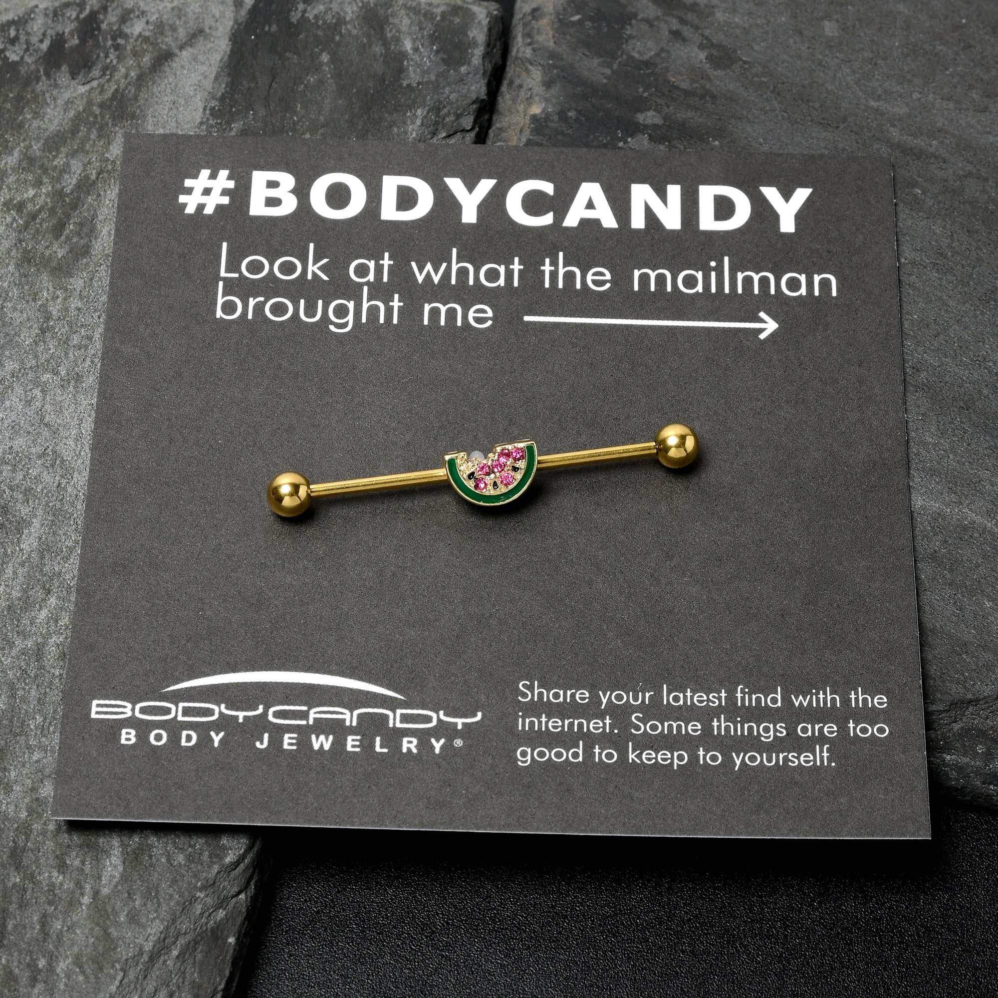 BodyCandy 14G Gold Tone Watermelon Bite Industrial Barbell 38mm — in-use photo