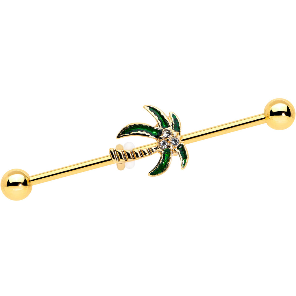BodyCandy 14G Clear Gem Gold Tone Palm Tree Style Industrial Barbell 38mm — main product shot