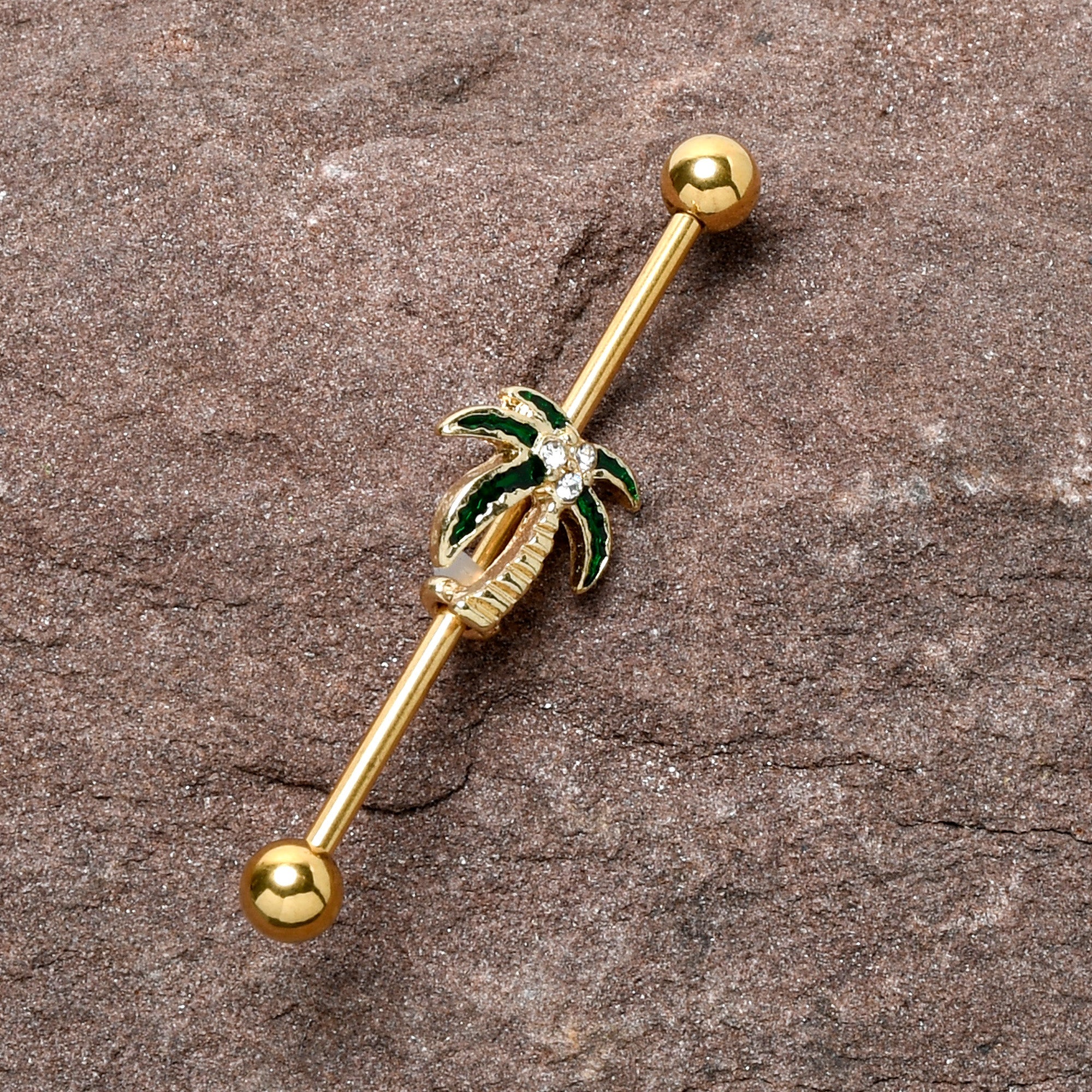 BodyCandy 14G Clear Gem Gold Tone Palm Tree Style Industrial Barbell 38mm — detail close-up