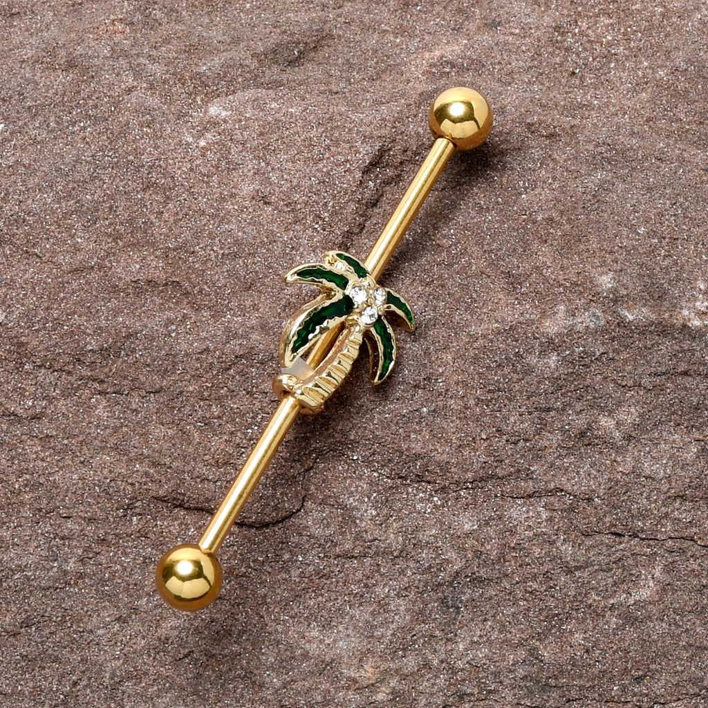 BodyCandy 14G Clear Gem Gold Tone Palm Tree Style Industrial Barbell 38mm — lifestyle context